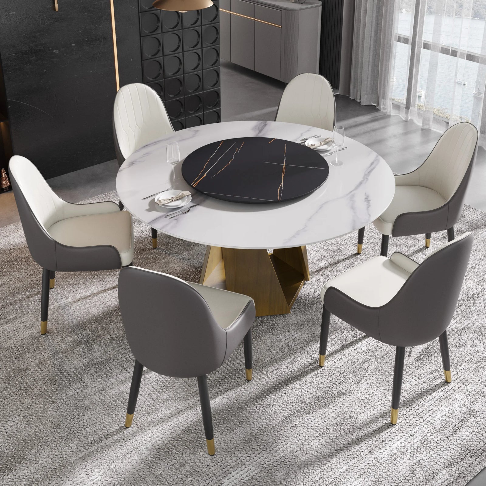 Mesa de comedor Marbella de piedra sinterizada | Redonda de 150 cm (59") en blanco brillante con plato giratorio Lazy Susan