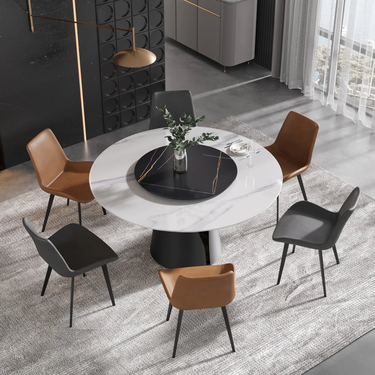 Marbella Sintered Stone Dining Table | 59" White Gloss Round With Lazy Susan Turntable