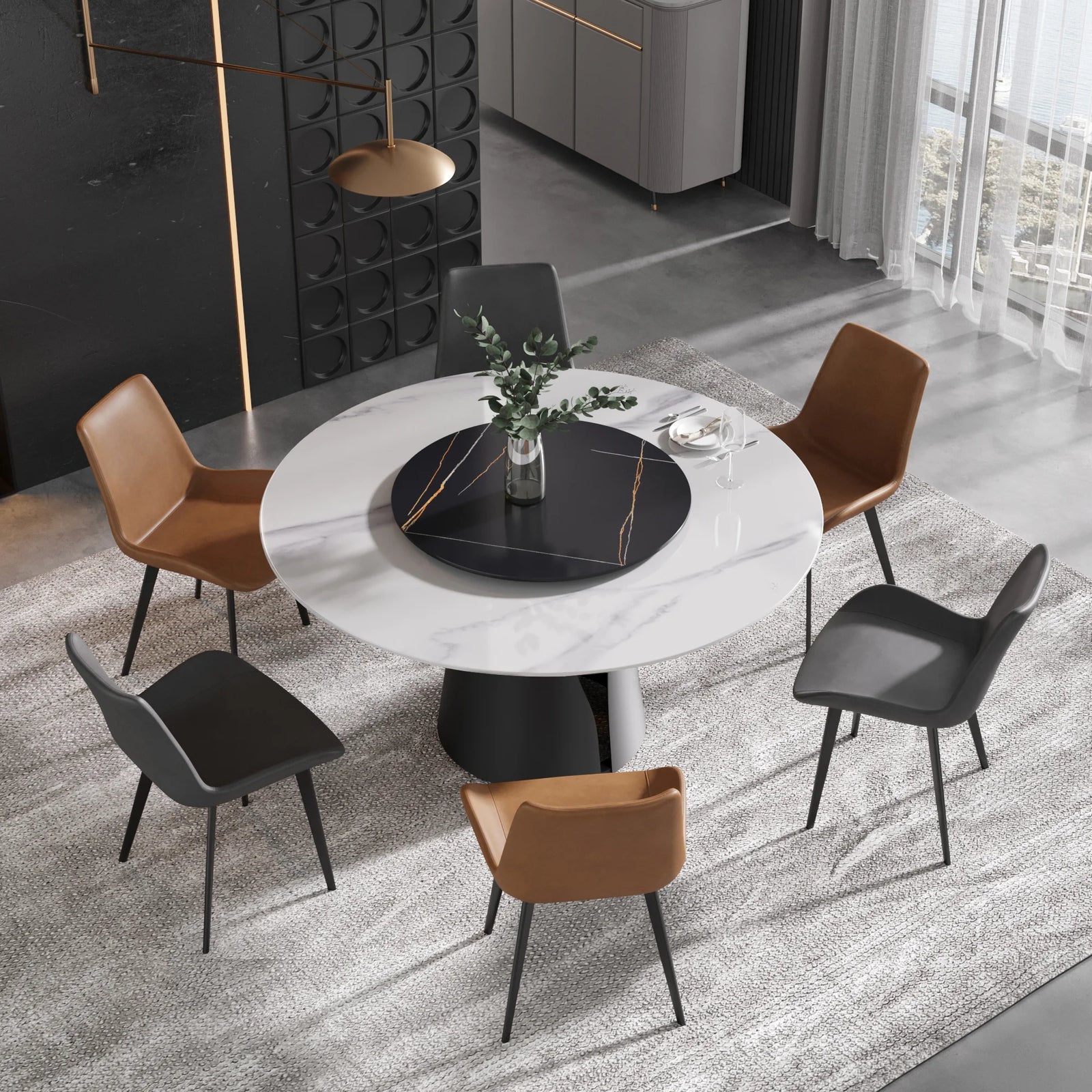 Mesa de comedor Marbella de piedra sinterizada | Redonda de 150 cm (59") en blanco brillante con plato giratorio Lazy Susan