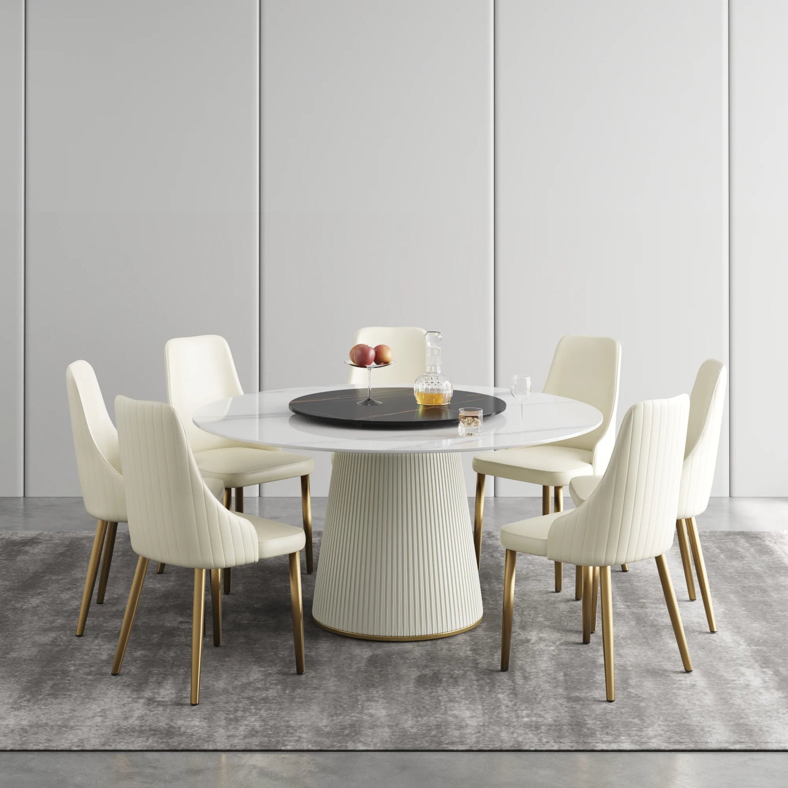 Marbella Sintered Stone Dining Table | 59" White Gloss Round With Lazy Susan Turntable
