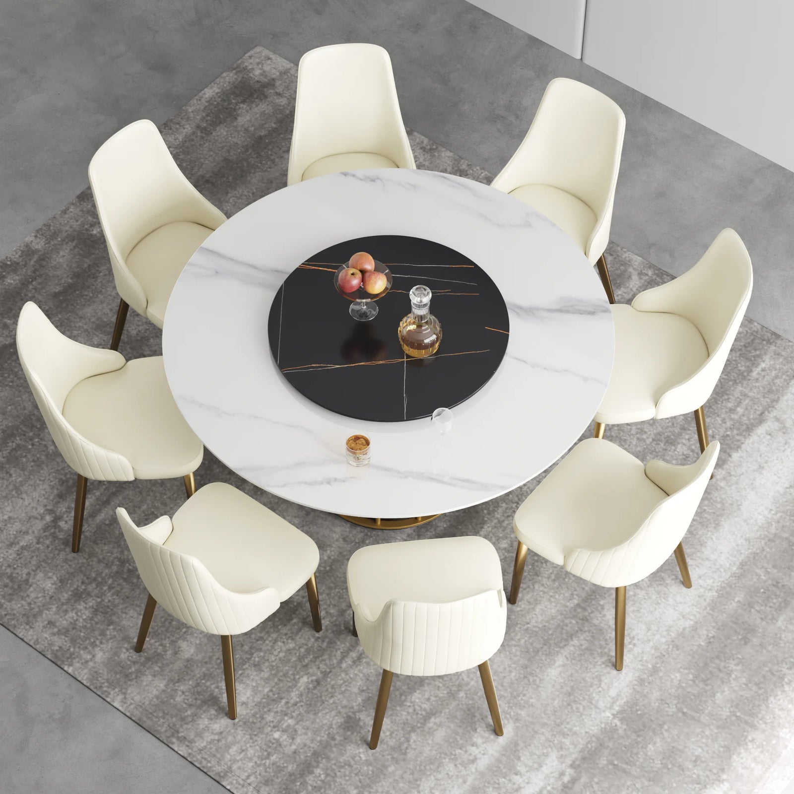 Mesa de comedor Marbella de piedra sinterizada | Redonda de 150 cm (59") en blanco brillante con plato giratorio Lazy Susan