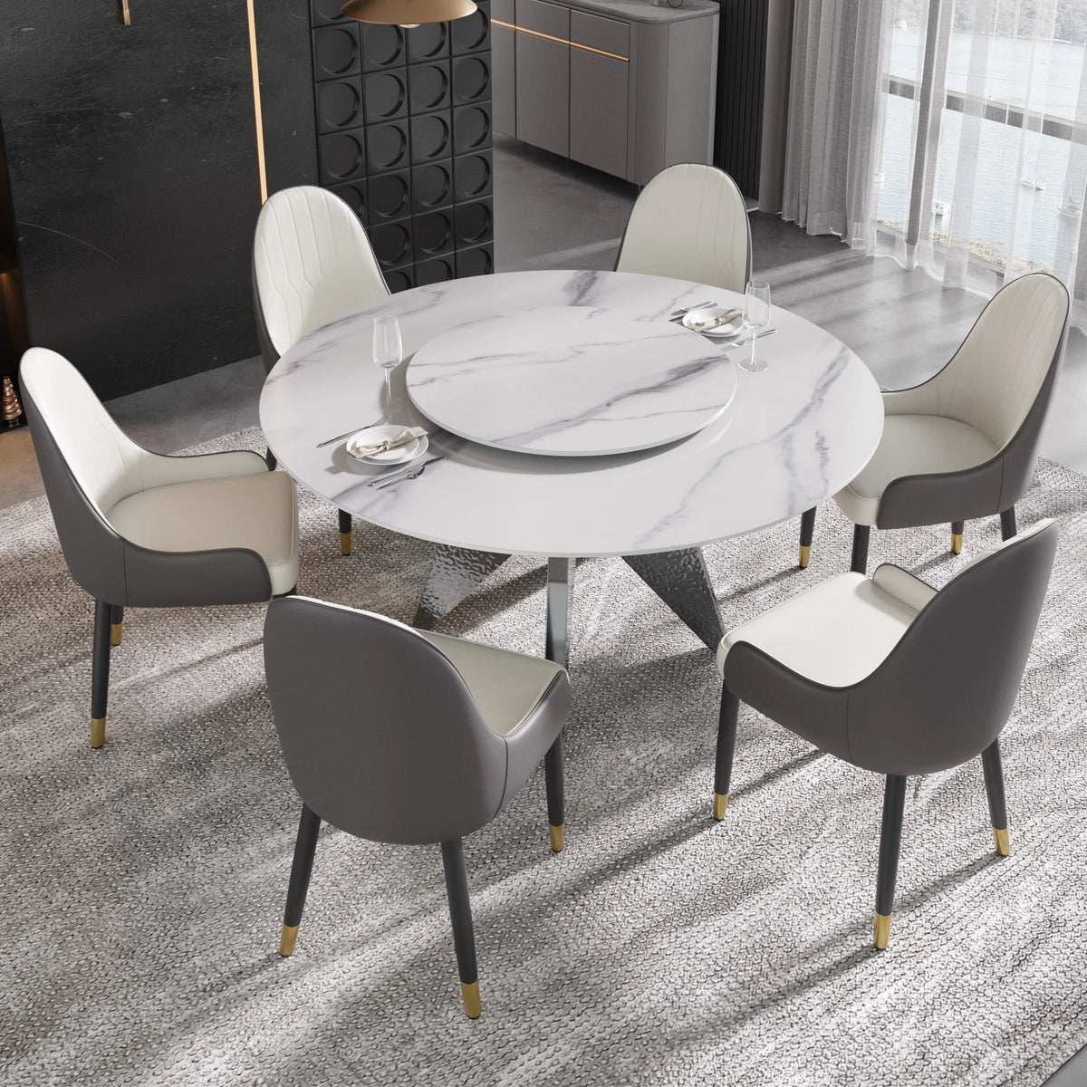 Marbella Sintered Stone Dining Table | 59" White Gloss Round With Lazy Susan Turntable