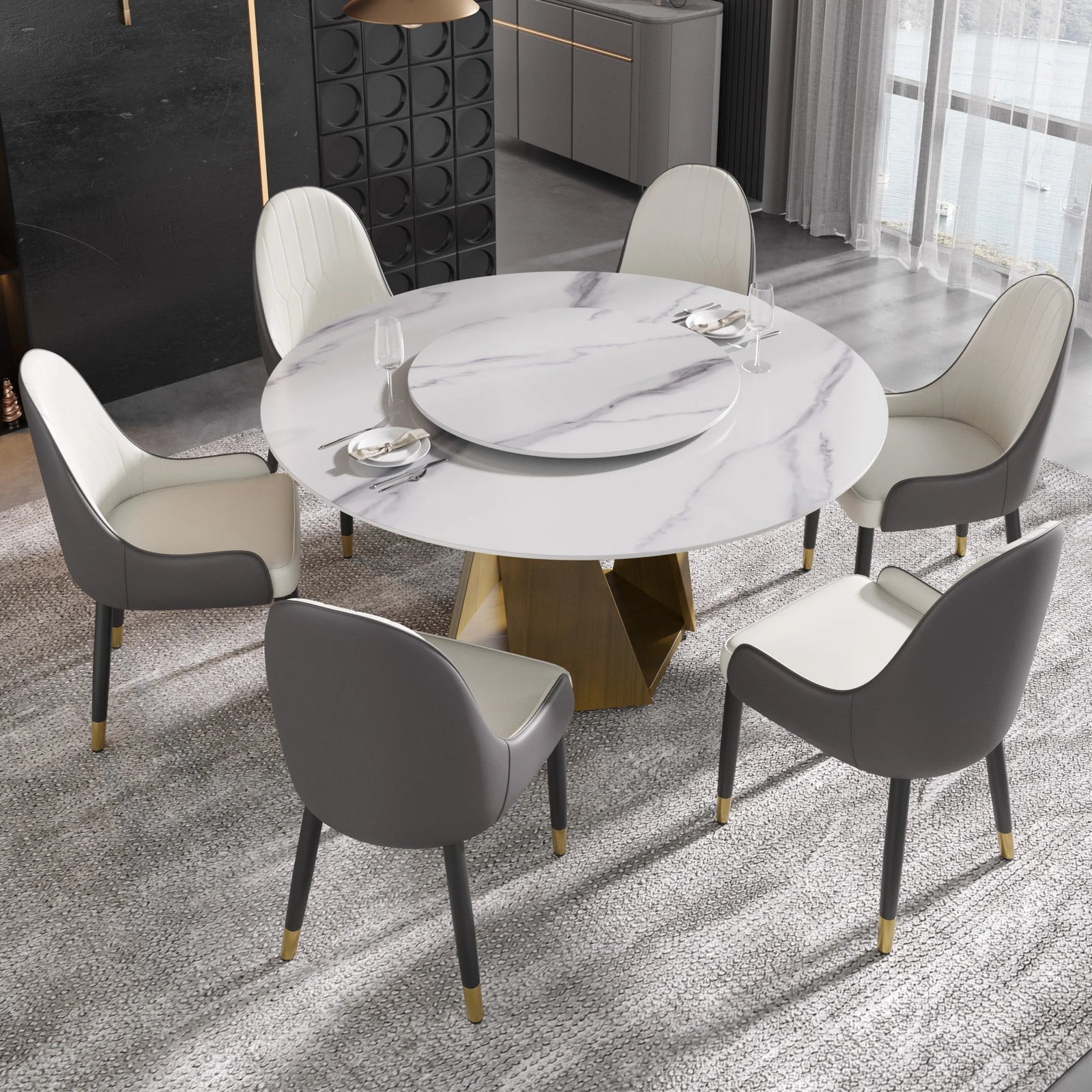 Mesa de comedor Marbella de piedra sinterizada | Redonda de 150 cm (59") en blanco brillante con plato giratorio Lazy Susan