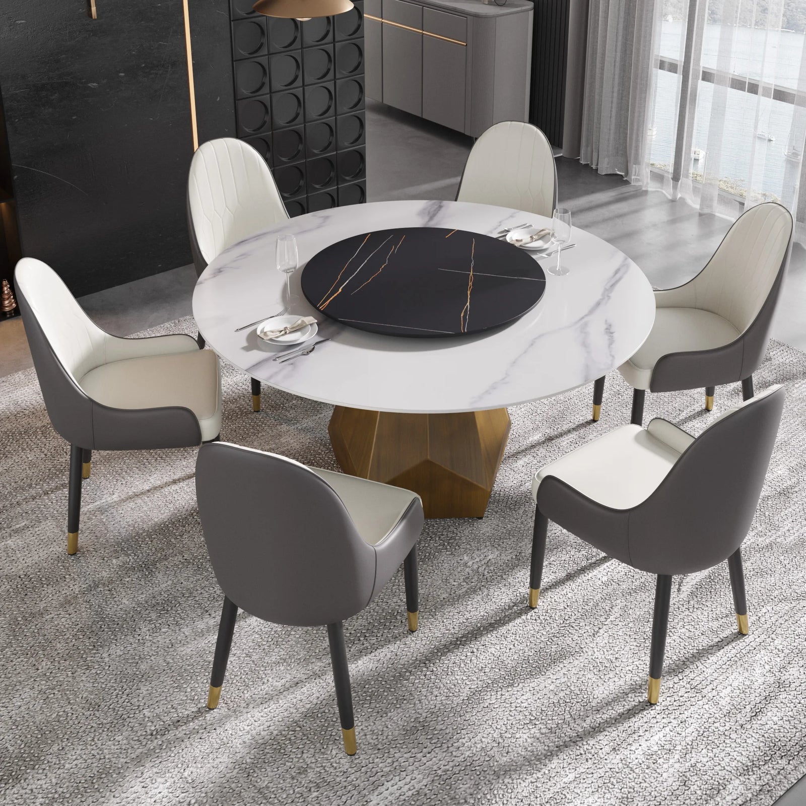 Mesa de comedor Marbella de piedra sinterizada | Redonda de 150 cm (59") en blanco brillante con plato giratorio Lazy Susan