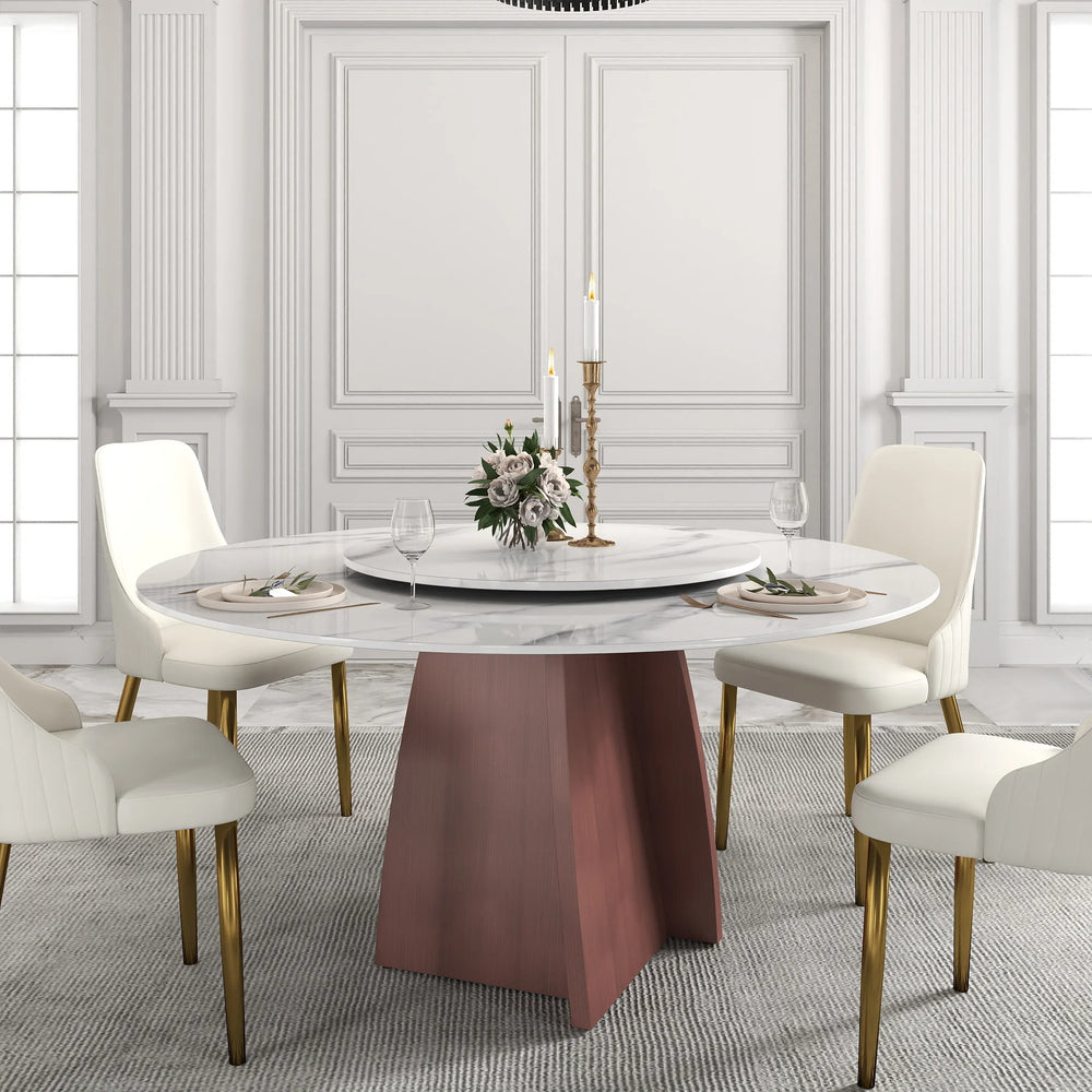 Marbella Sintered Stone Dining Table | 59" White Gloss Round With Lazy Susan Turntable