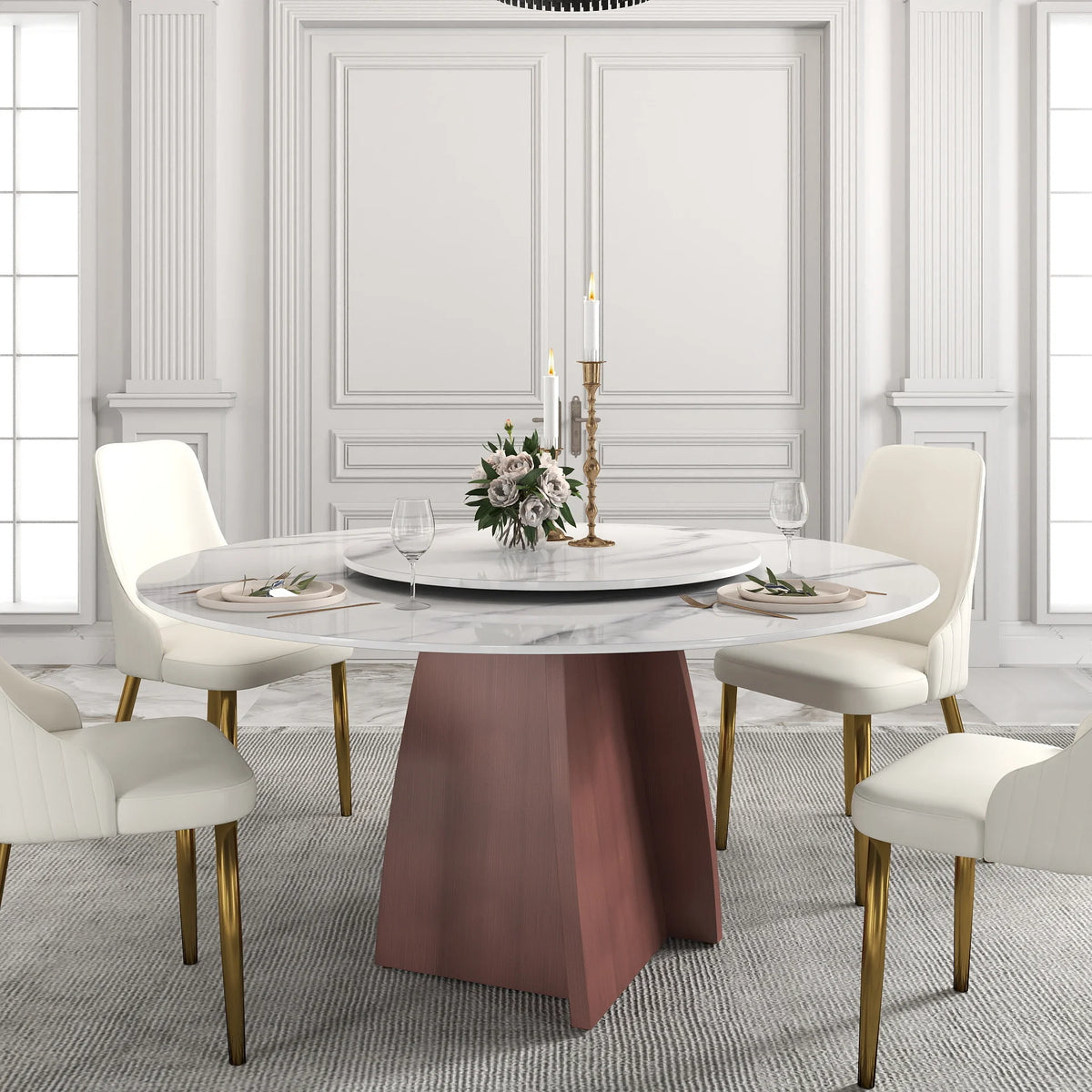 Marbella Sintered Stone Dining Table | 59" White Gloss Round With Lazy Susan Turntable