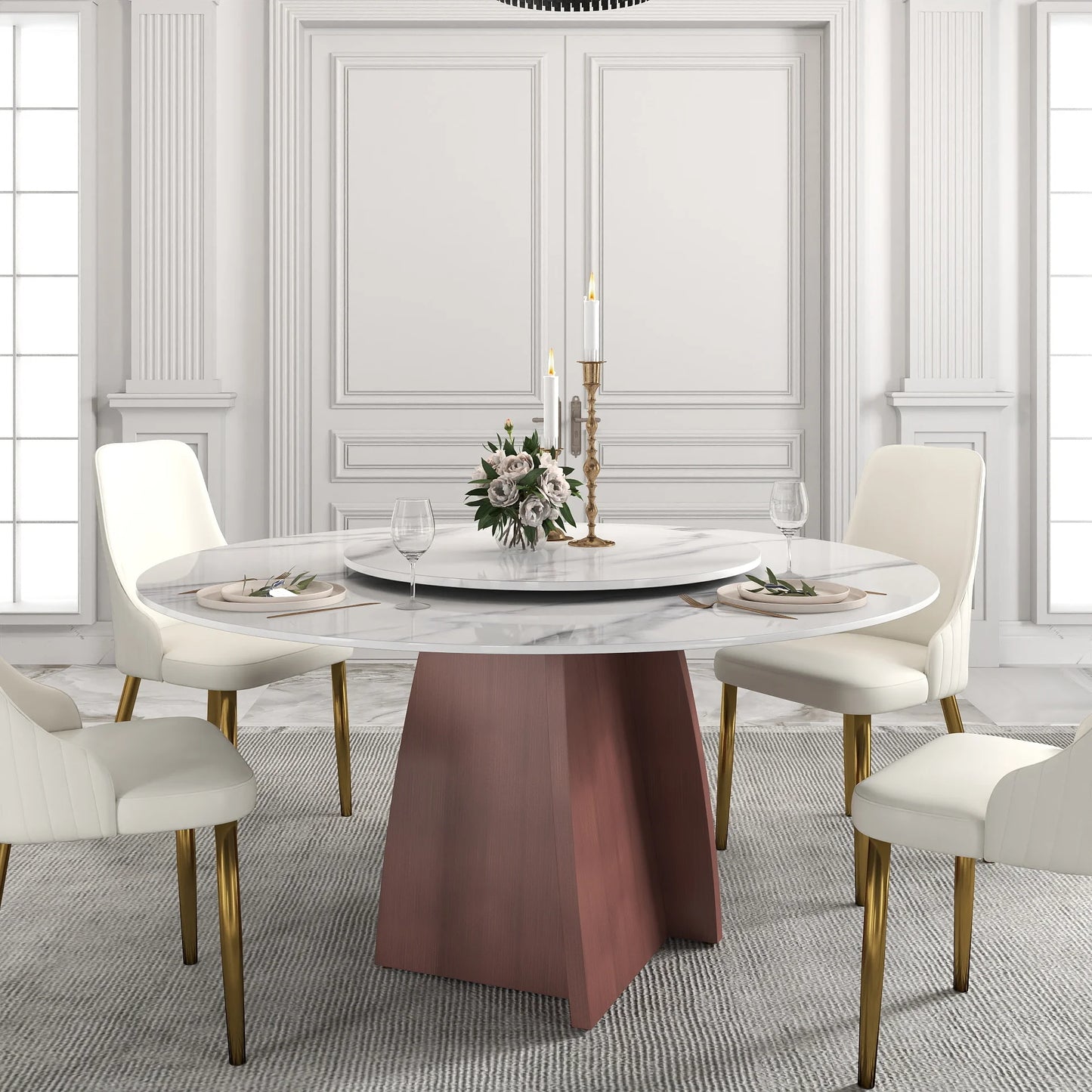 Marbella Sintered Stone Dining Table | 59" White Gloss Round With Lazy Susan Turntable
