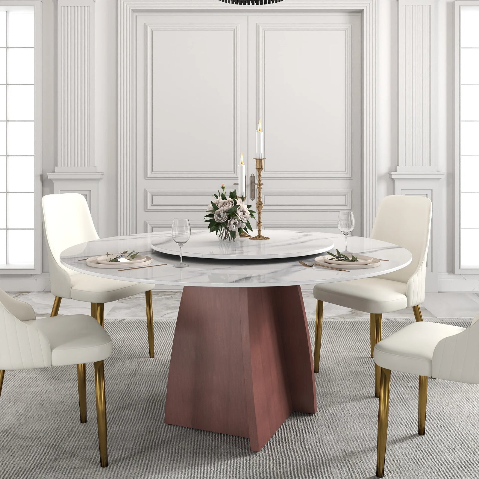 Mesa de comedor Marbella de piedra sinterizada | Redonda de 150 cm (59") en blanco brillante con plato giratorio Lazy Susan