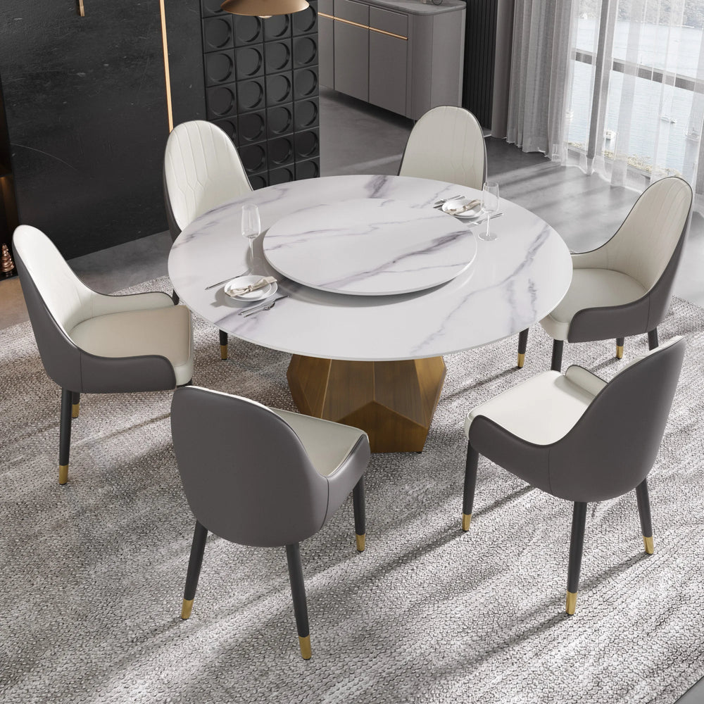 Marbella Sintered Stone Dining Table | 59" White Gloss Round With Lazy Susan Turntable