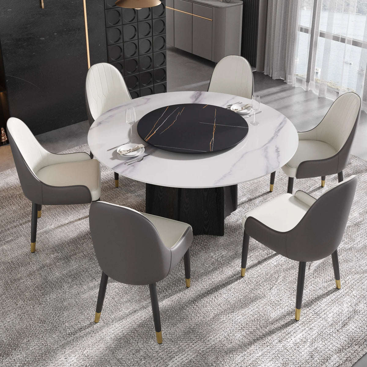 Marbella Sintered Stone Dining Table | 59" White Gloss Round With Lazy Susan Turntable