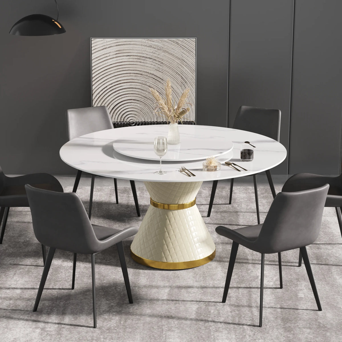 Mesa de comedor Marbella de piedra sinterizada | Redonda de 150 cm (59") en blanco brillante con plato giratorio Lazy Susan