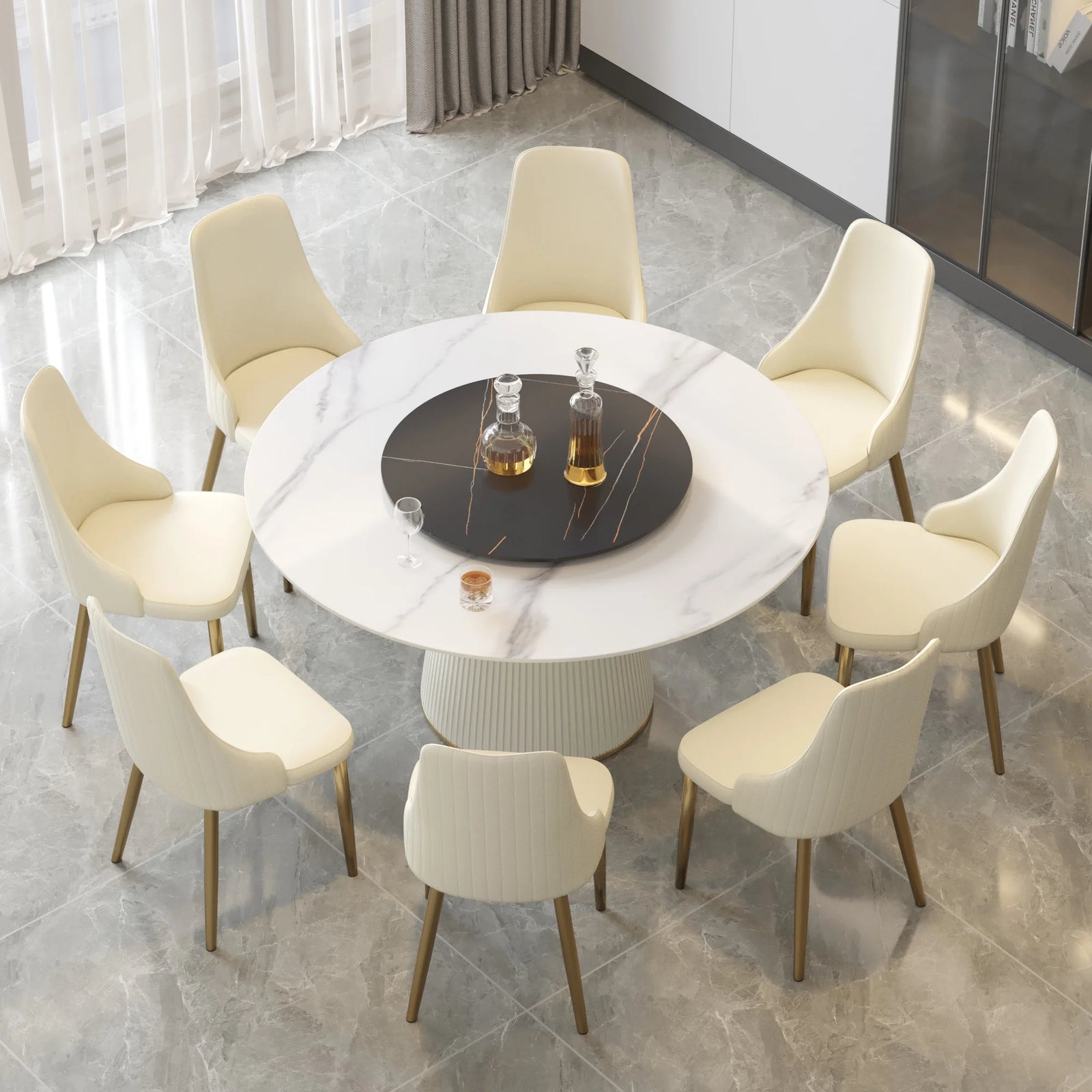 Marbella Sintered Stone Dining Table | 59" White Gloss Round With Lazy Susan Turntable