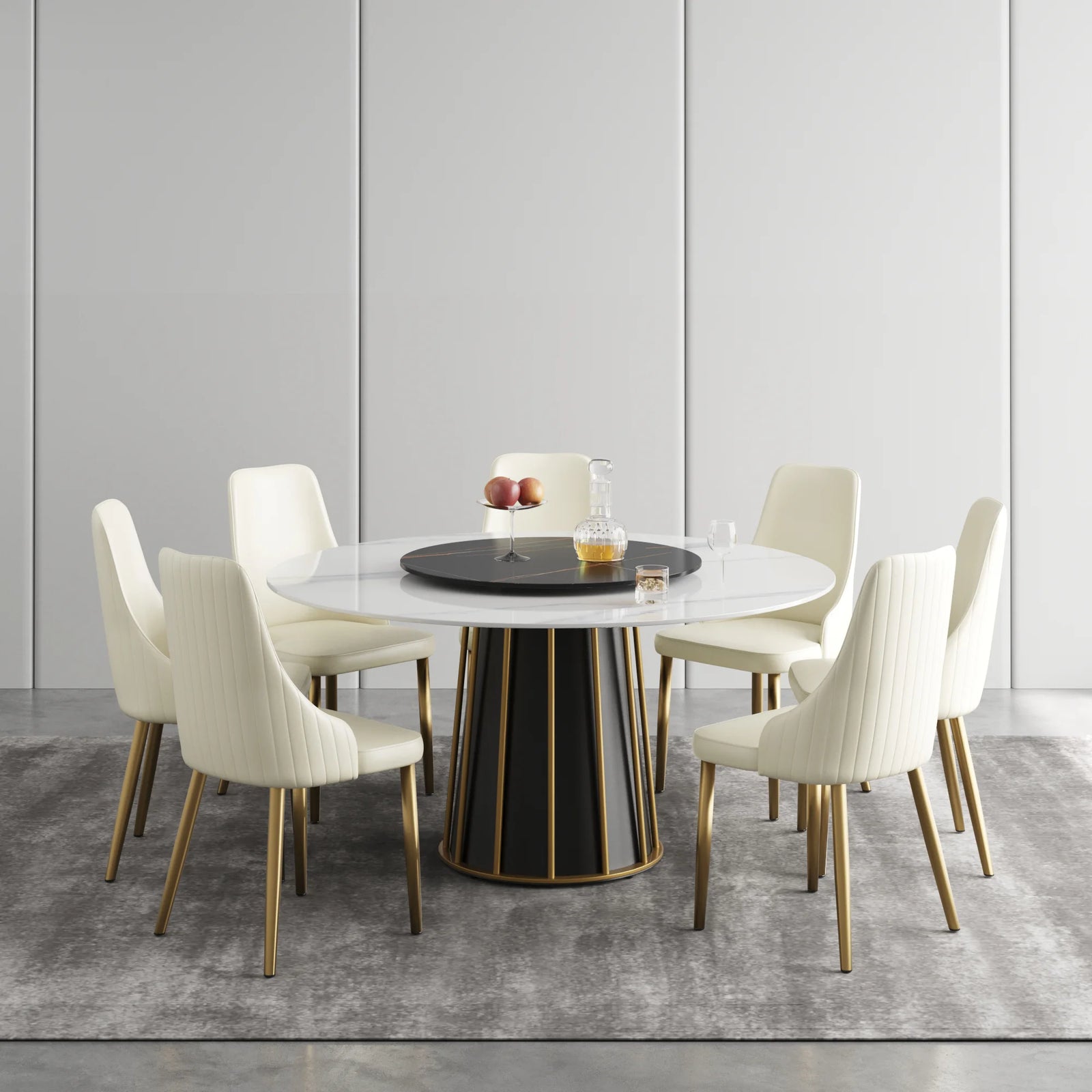Mesa de comedor Marbella de piedra sinterizada | Redonda de 150 cm (59") en blanco brillante con plato giratorio Lazy Susan