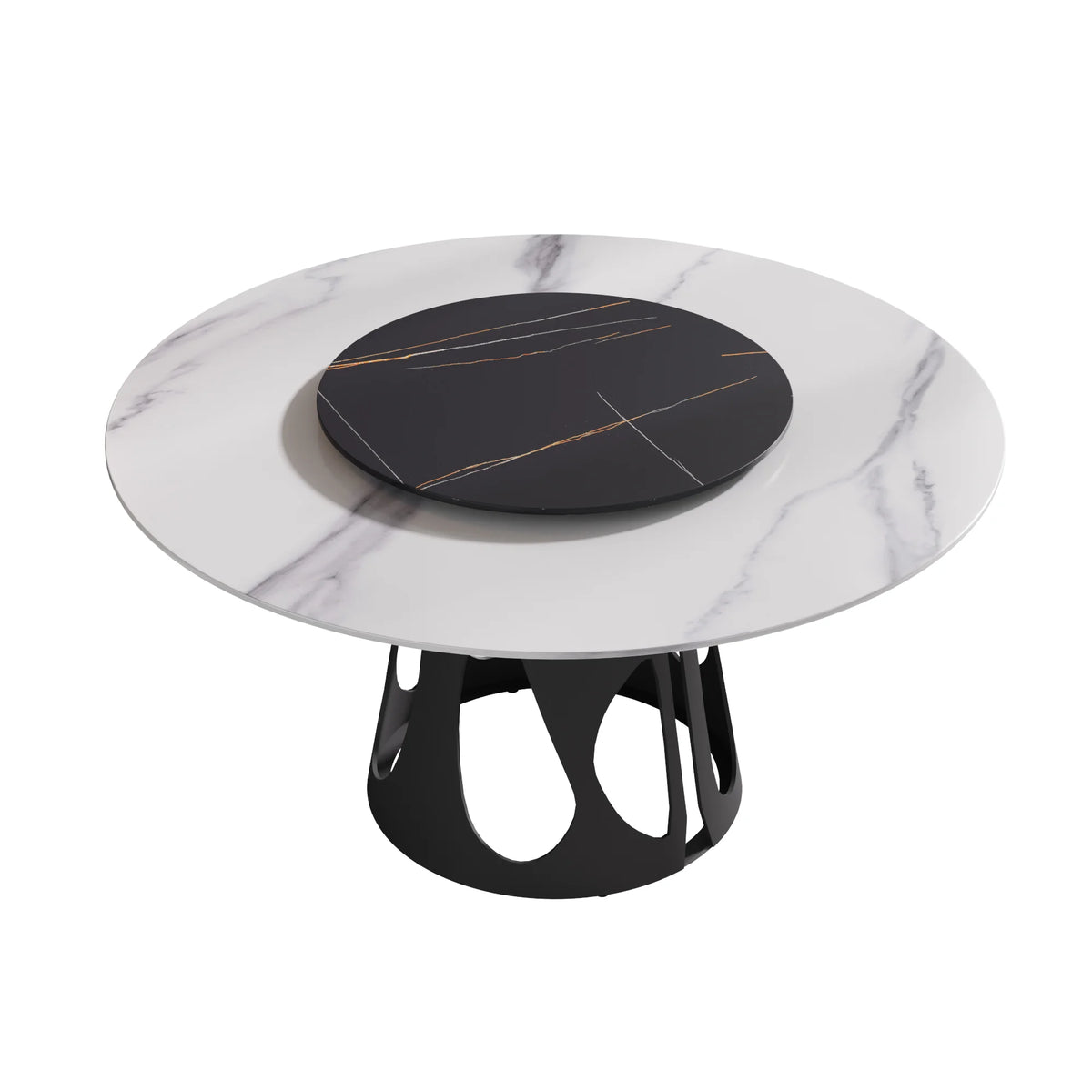 Marbella Sintered Stone Dining Table | 59" White Gloss Round With Lazy Susan Turntable