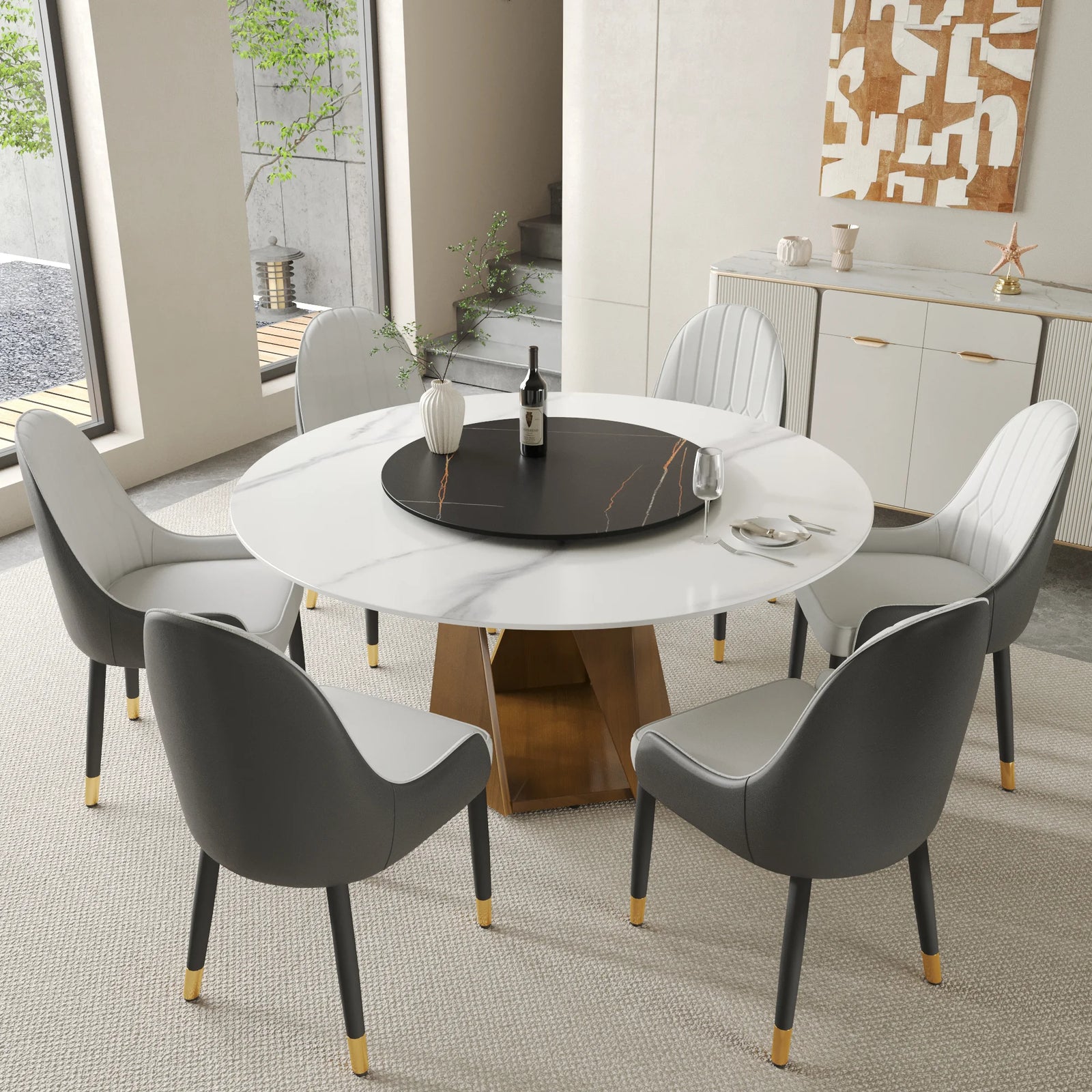 Mesa de comedor Marbella de piedra sinterizada | Redonda de 150 cm (59") en blanco brillante con plato giratorio Lazy Susan