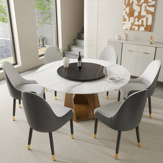 Marbella Sintered Stone Dining Table | 59" White Gloss Round With Lazy Susan Turntable