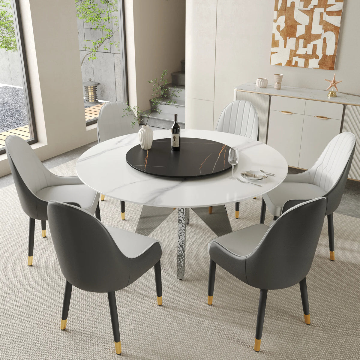 Marbella Sintered Stone Dining Table | 59" White Gloss Round With Lazy Susan Turntable