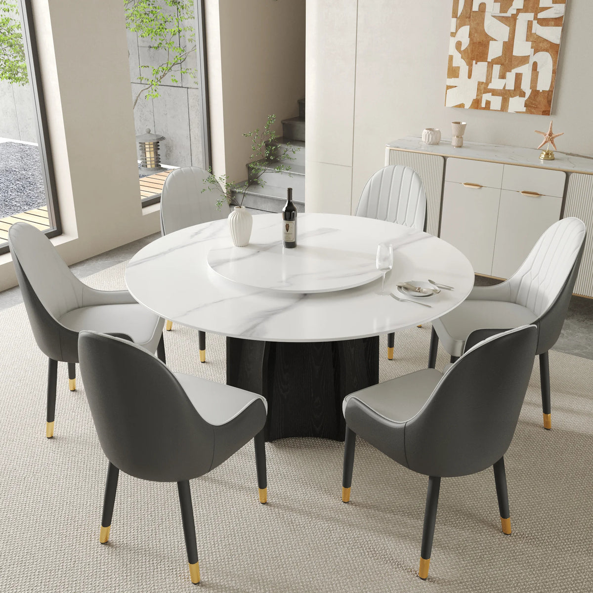 Marbella Sintered Stone Dining Table | 59" White Gloss Round With Lazy Susan Turntable