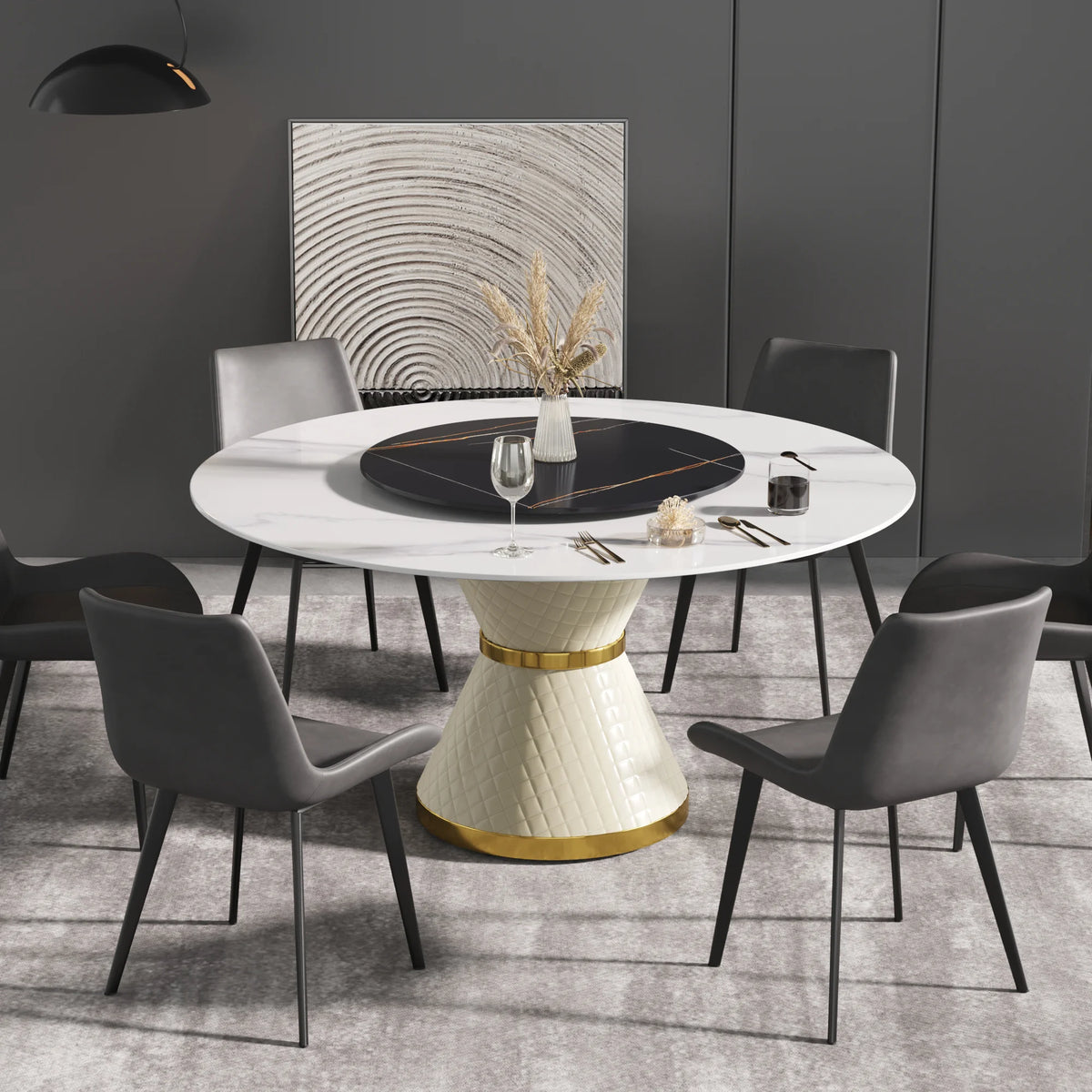 Mesa de comedor Marbella de piedra sinterizada | Redonda de 150 cm (59") en blanco brillante con plato giratorio Lazy Susan