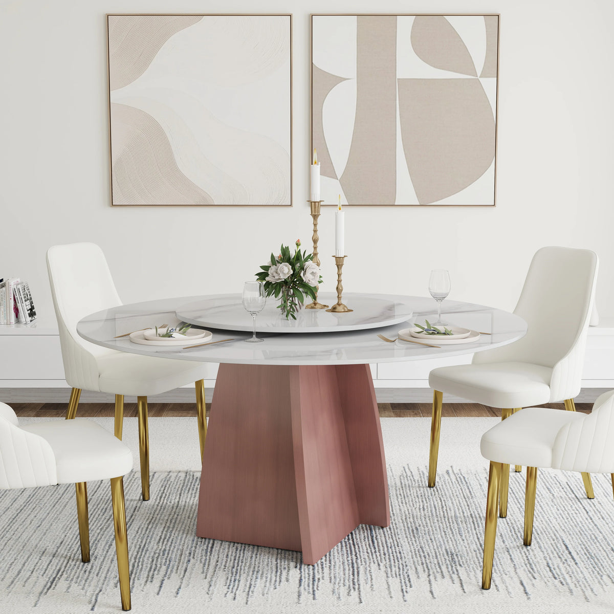Marbella Sintered Stone Dining Table | 59" White Gloss Round With Lazy Susan Turntable