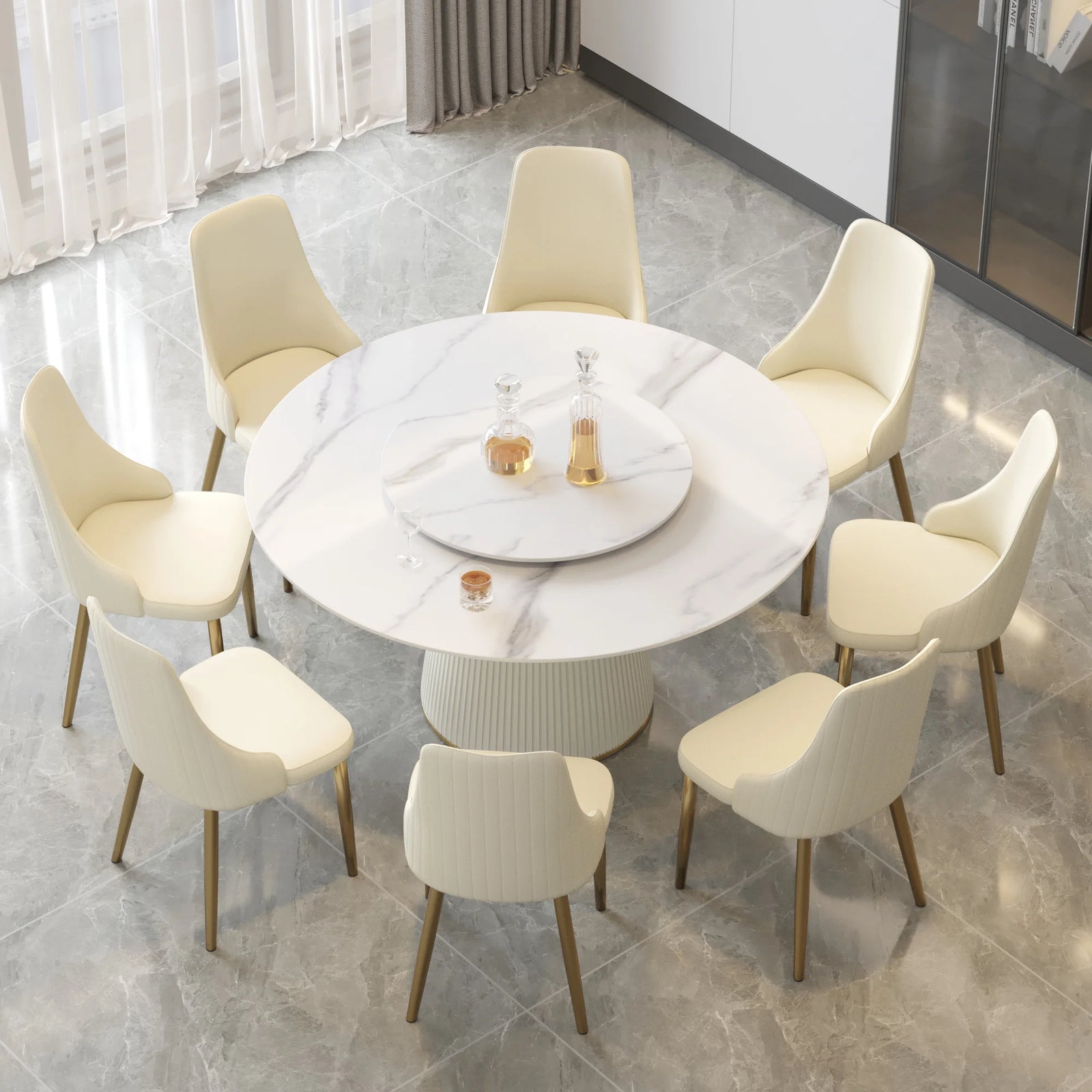 Marbella Sintered Stone Dining Table | 59" White Gloss Round With Lazy Susan Turntable