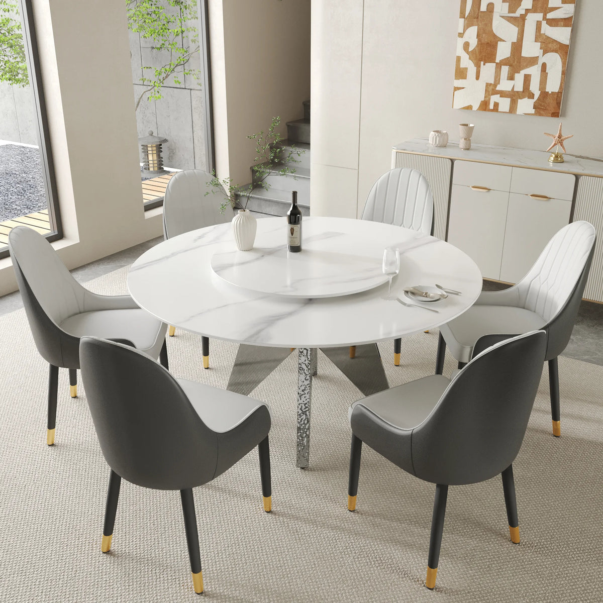 Marbella Sintered Stone Dining Table | 59" White Gloss Round With Lazy Susan Turntable