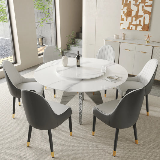Marbella Sintered Stone Dining Table | 59" White Gloss Round With Lazy Susan Turntable