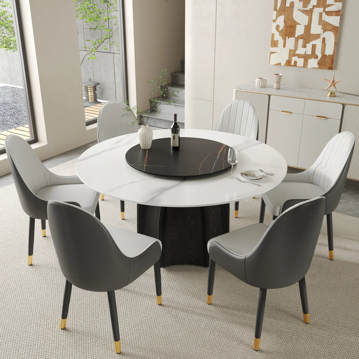 Marbella Sintered Stone Dining Table | 59" White Gloss Round With Lazy Susan Turntable
