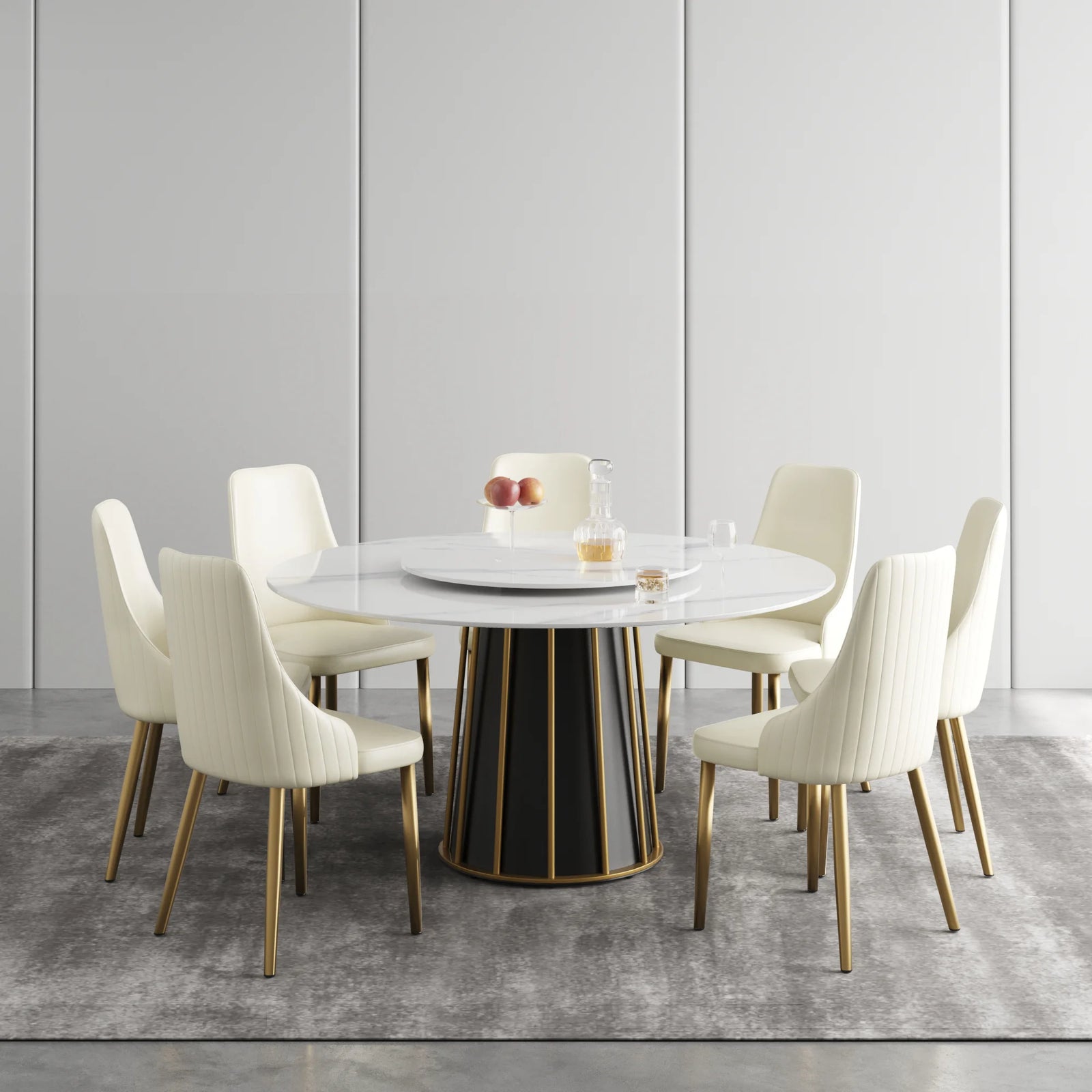 Marbella Sintered Stone Dining Table | 59" White Gloss Round With Lazy Susan Turntable