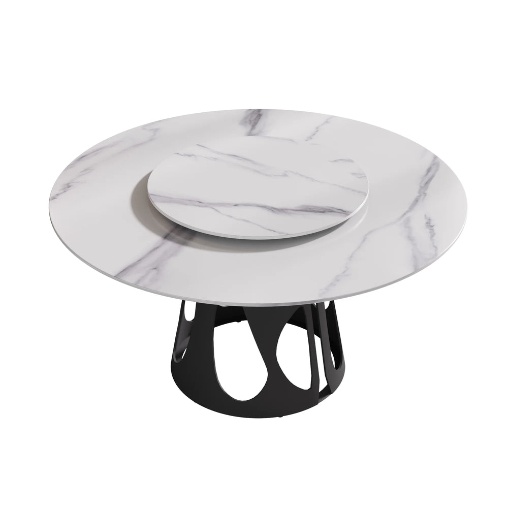 Marbella Sintered Stone Dining Table | 59" White Gloss Round With Lazy Susan Turntable