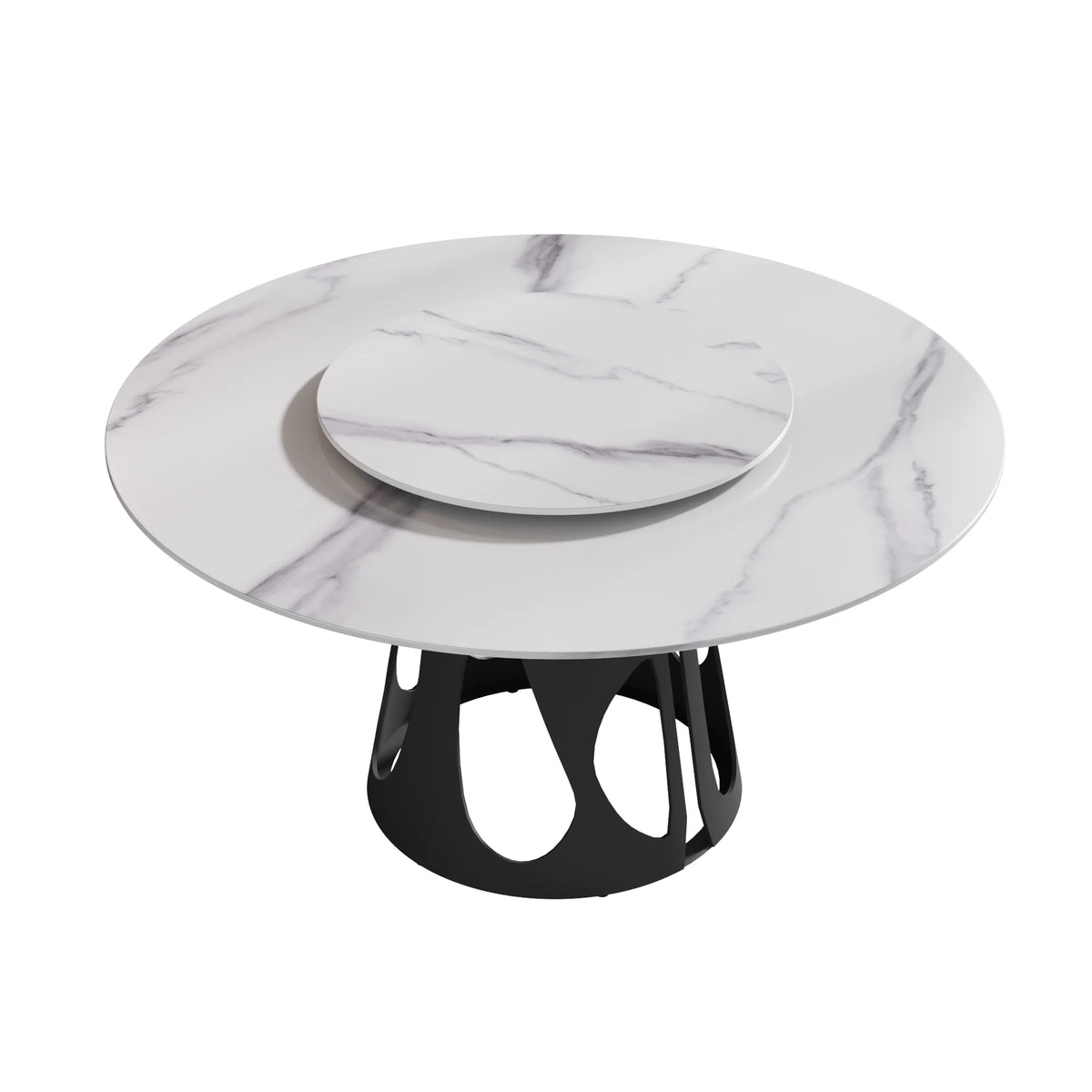 Mesa de comedor Marbella de piedra sinterizada | Redonda de 150 cm (59") en blanco brillante con plato giratorio Lazy Susan