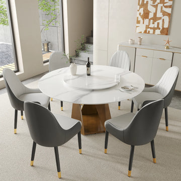 Mesa de comedor Marbella de piedra sinterizada | Redonda de 150 cm (59") en blanco brillante con plato giratorio Lazy Susan