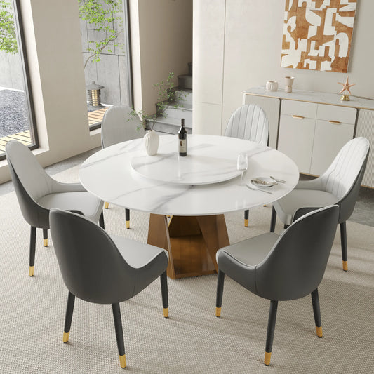 Marbella Sintered Stone Dining Table | 59" White Gloss Round With Lazy Susan Turntable