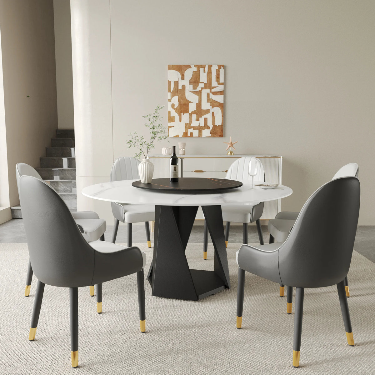 Marbella Sintered Stone Dining Table | 59" White Gloss Round With Lazy Susan Turntable