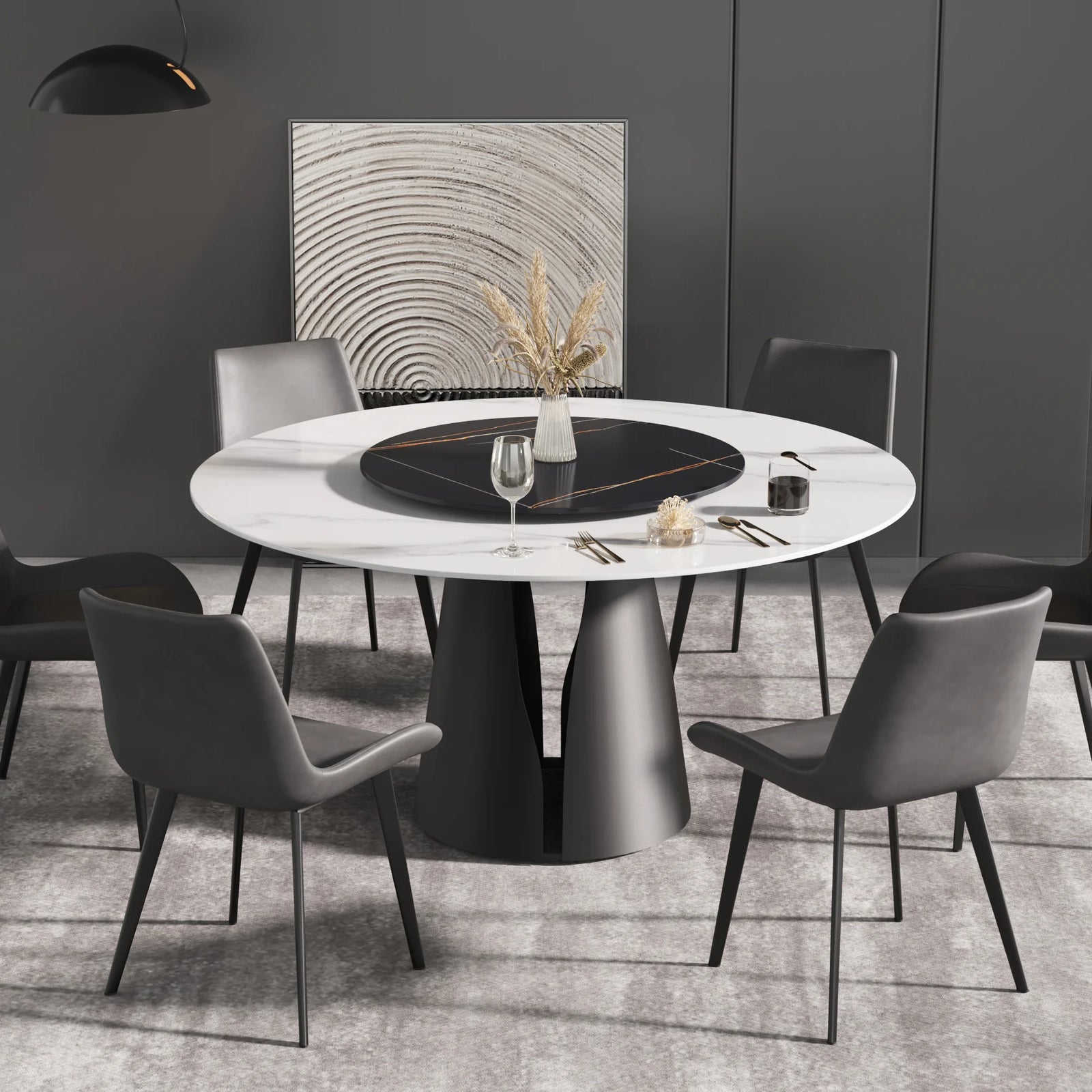 Mesa de comedor Marbella de piedra sinterizada | Redonda de 150 cm (59") en blanco brillante con plato giratorio Lazy Susan