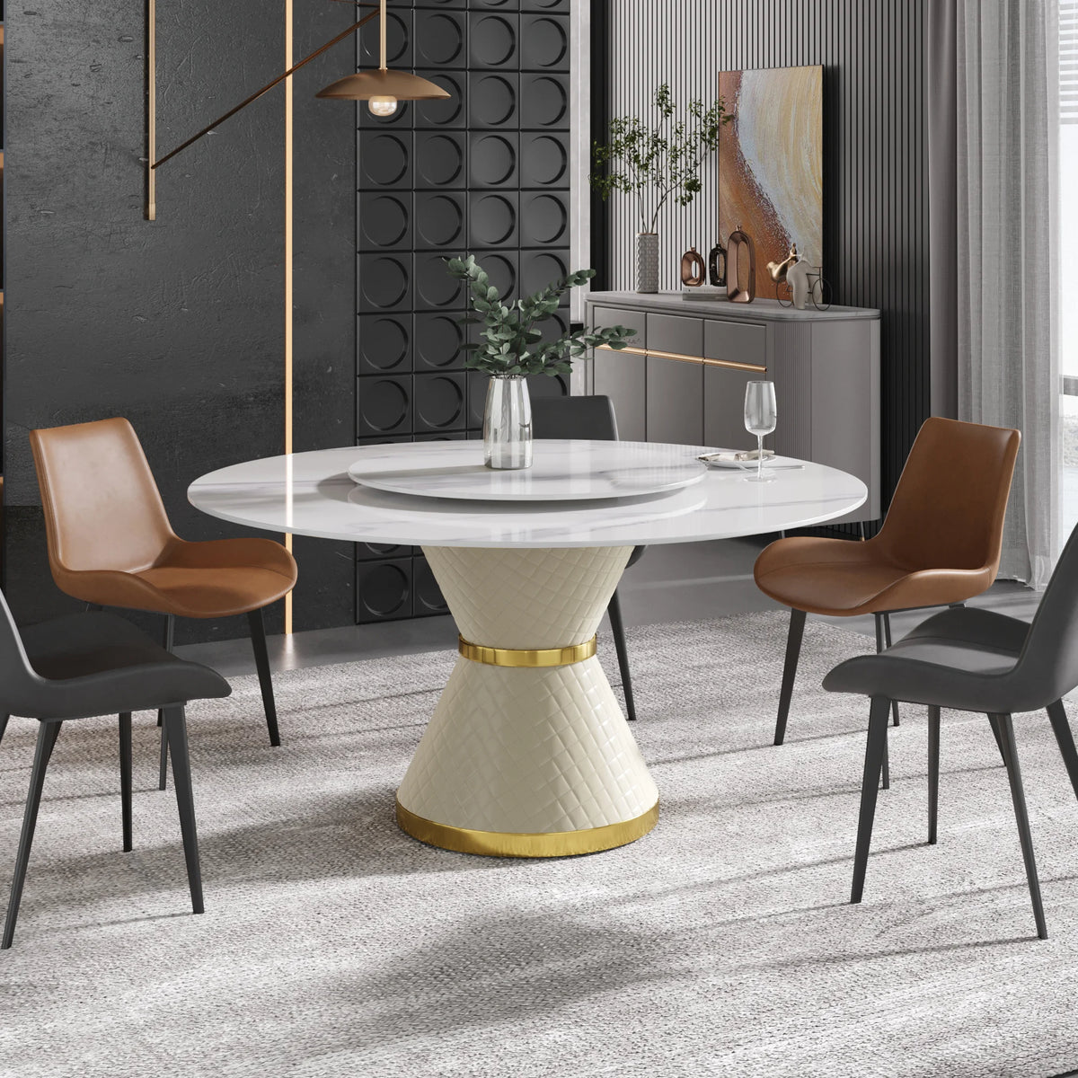 Mesa de comedor Marbella de piedra sinterizada | Redonda de 150 cm (59") en blanco brillante con plato giratorio Lazy Susan
