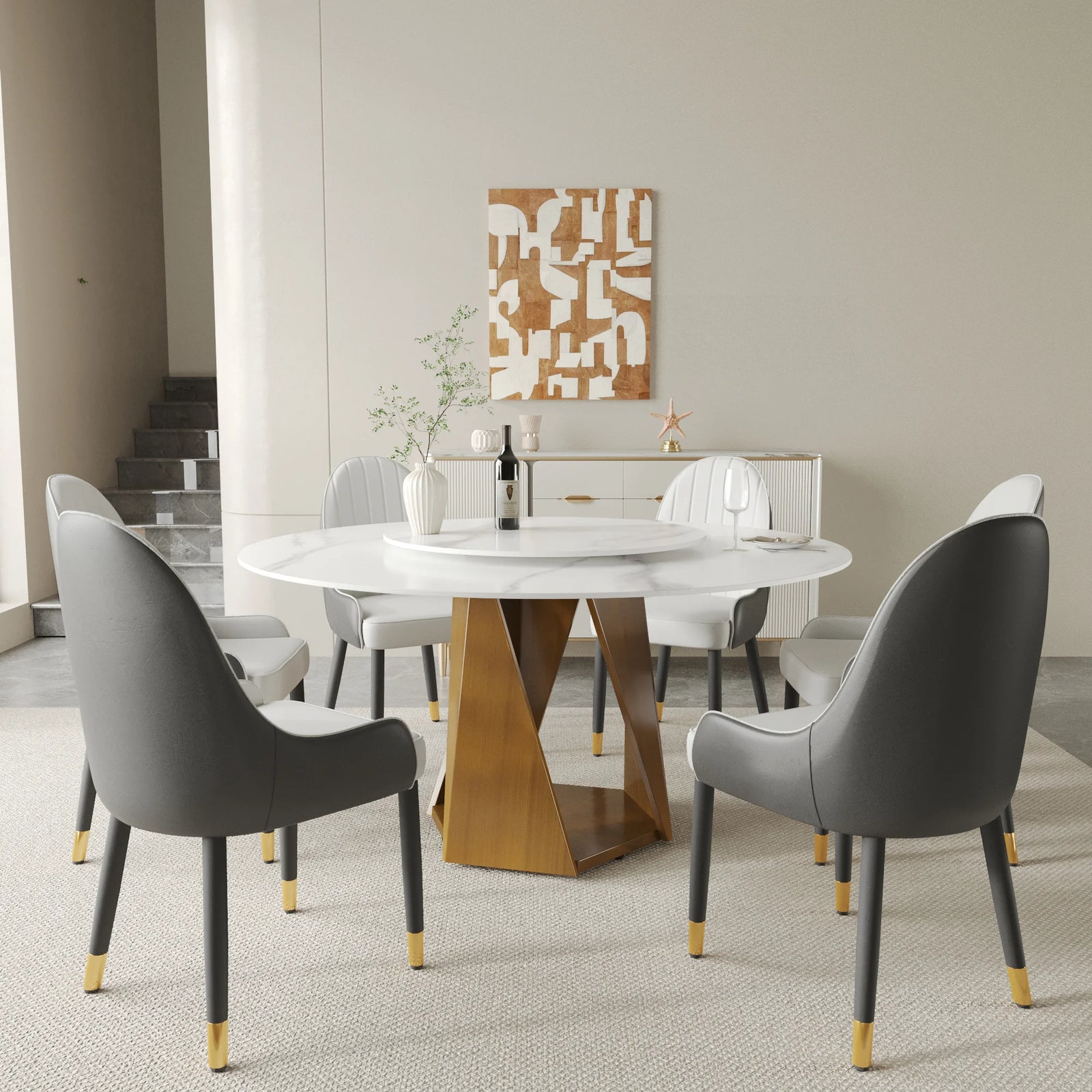 Mesa de comedor Marbella de piedra sinterizada | Redonda de 150 cm (59") en blanco brillante con plato giratorio Lazy Susan