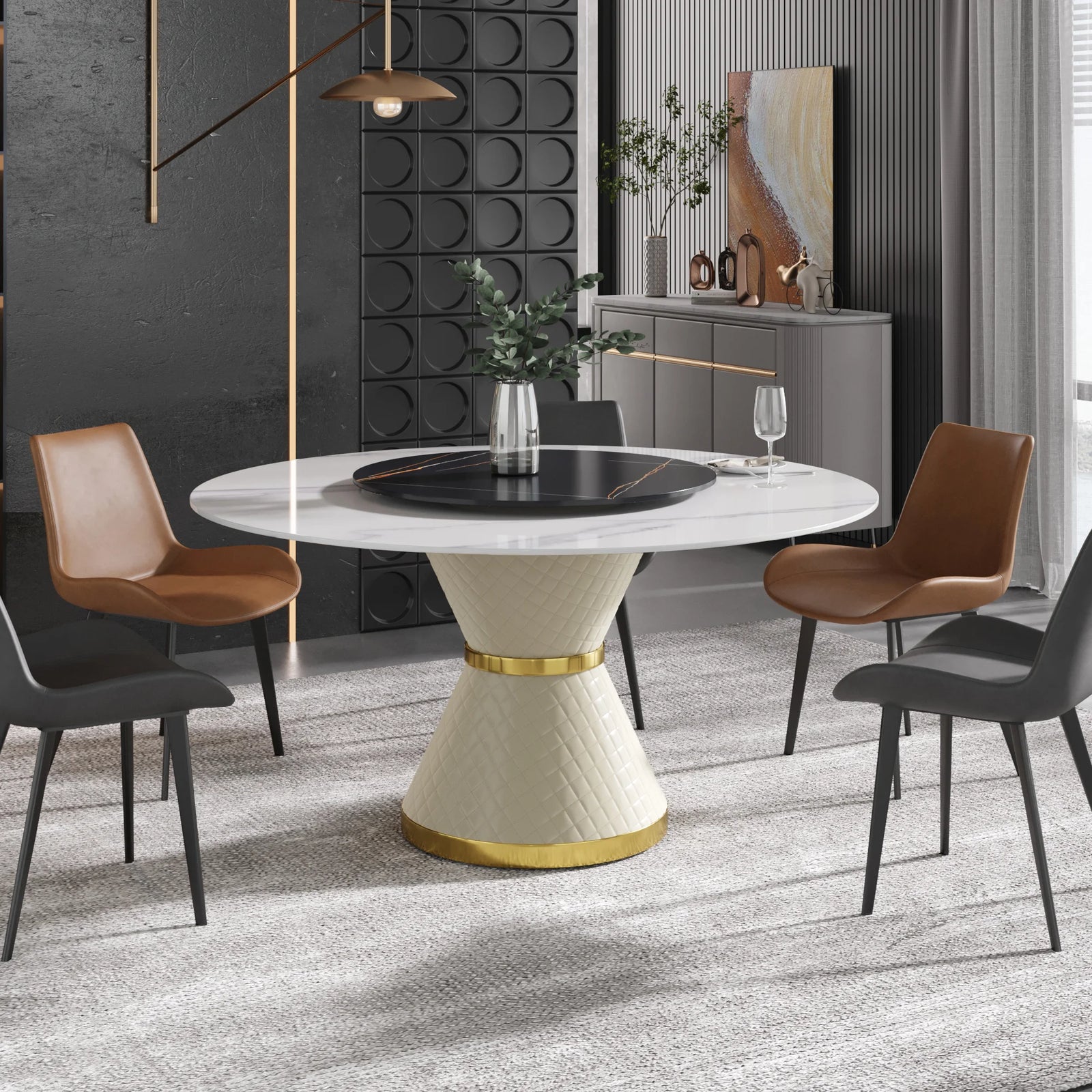 Mesa de comedor Marbella de piedra sinterizada | Redonda de 150 cm (59") en blanco brillante con plato giratorio Lazy Susan