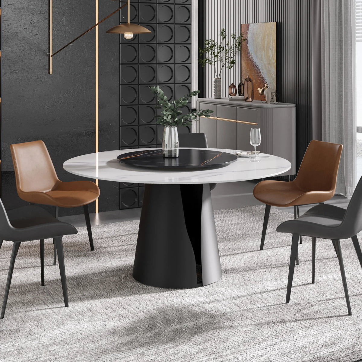 Marbella Sintered Stone Dining Table | 59" White Gloss Round With Lazy Susan Turntable