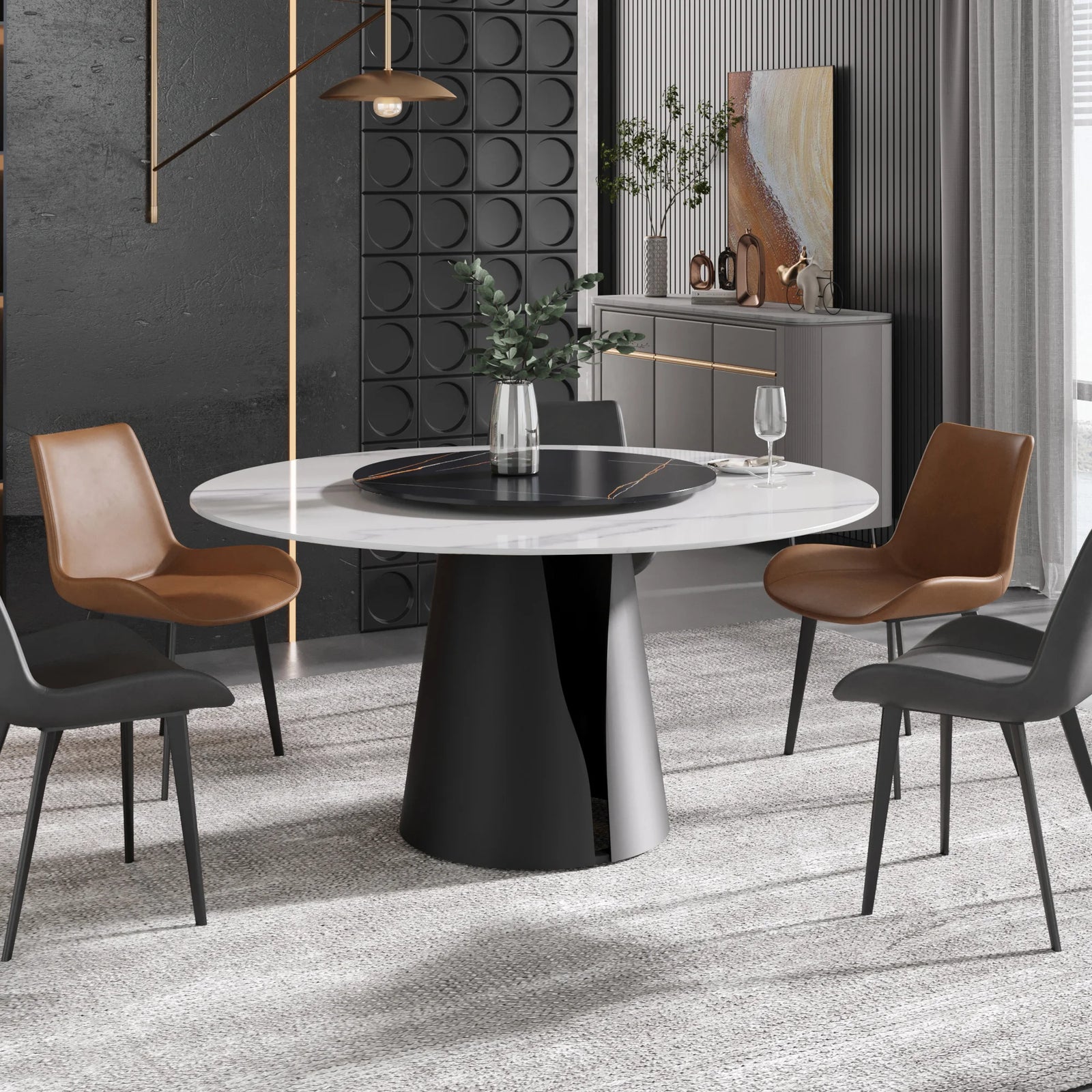 Mesa de comedor Marbella de piedra sinterizada | Redonda de 150 cm (59") en blanco brillante con plato giratorio Lazy Susan