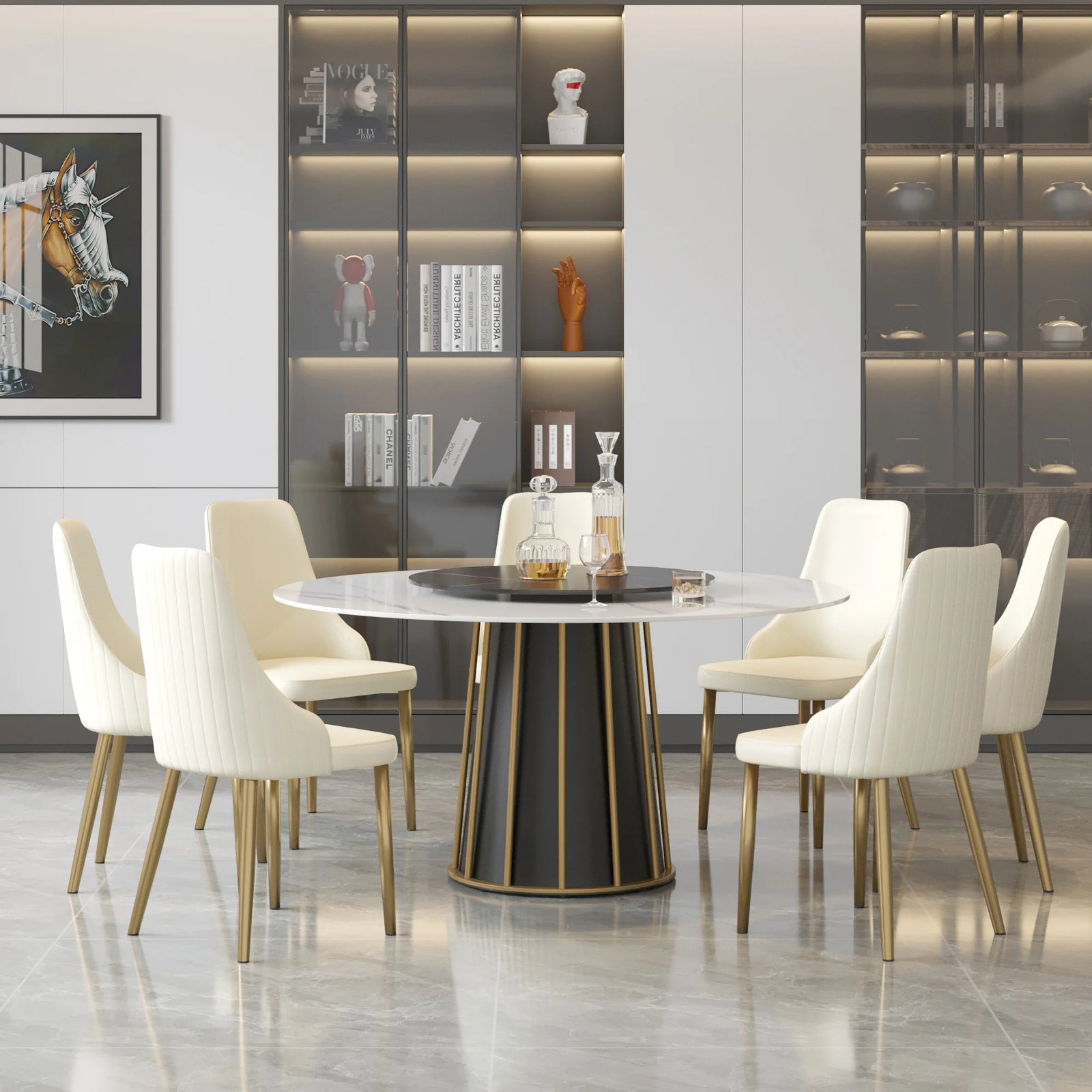 Mesa de comedor Marbella de piedra sinterizada | Redonda de 150 cm (59") en blanco brillante con plato giratorio Lazy Susan