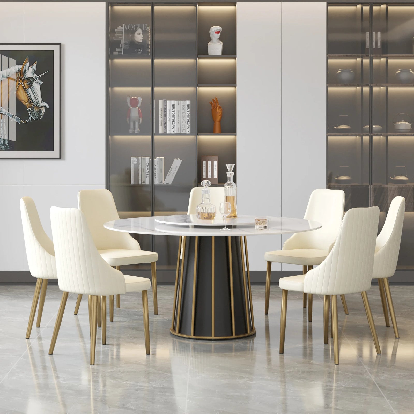 Marbella Sintered Stone Dining Table | 59" White Gloss Round With Lazy Susan Turntable