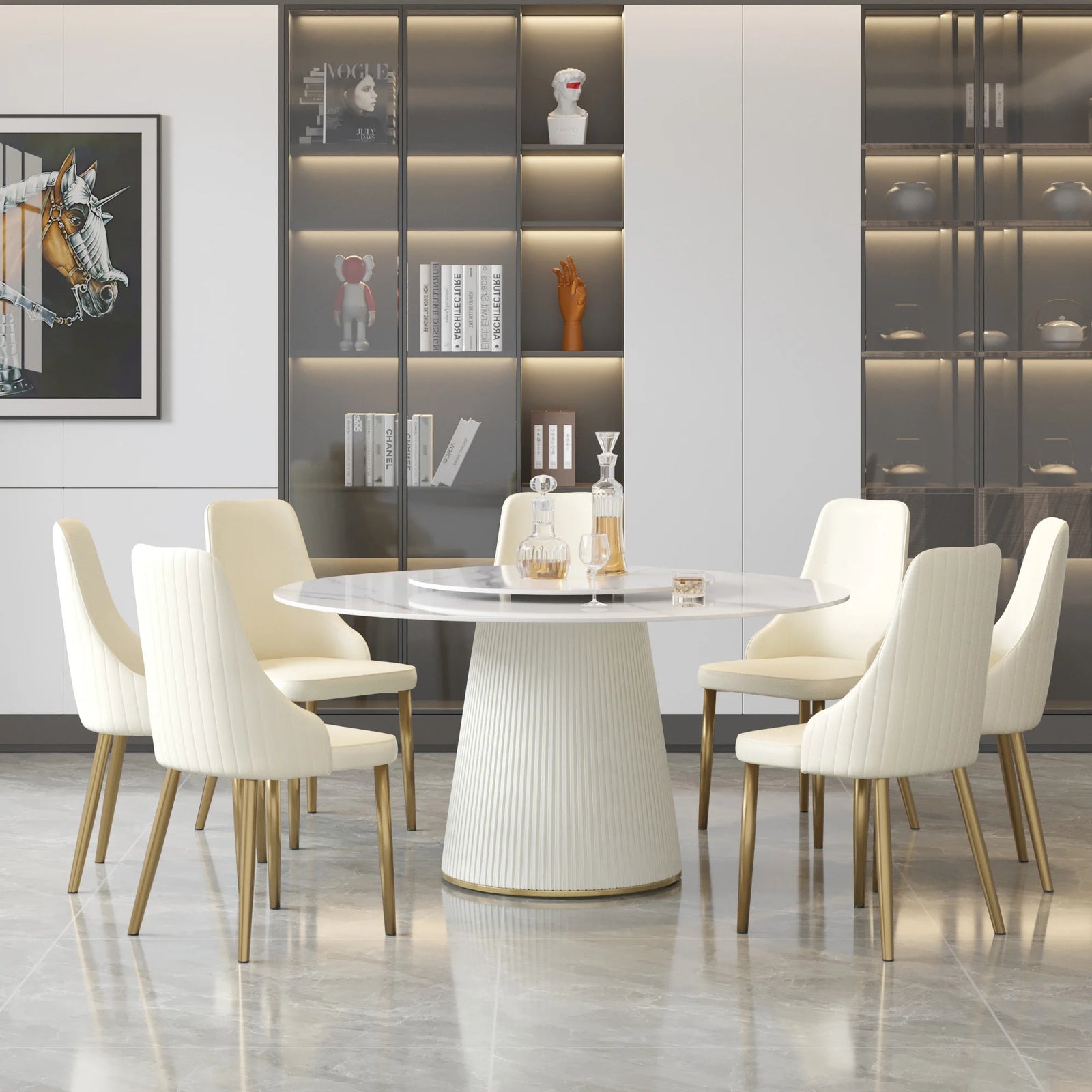 Marbella Sintered Stone Dining Table | 59" White Gloss Round With Lazy Susan Turntable