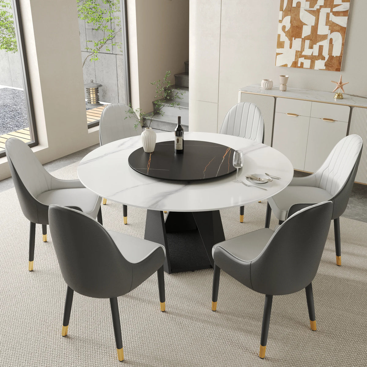 Marbella Sintered Stone Dining Table | 59" White Gloss Round With Lazy Susan Turntable