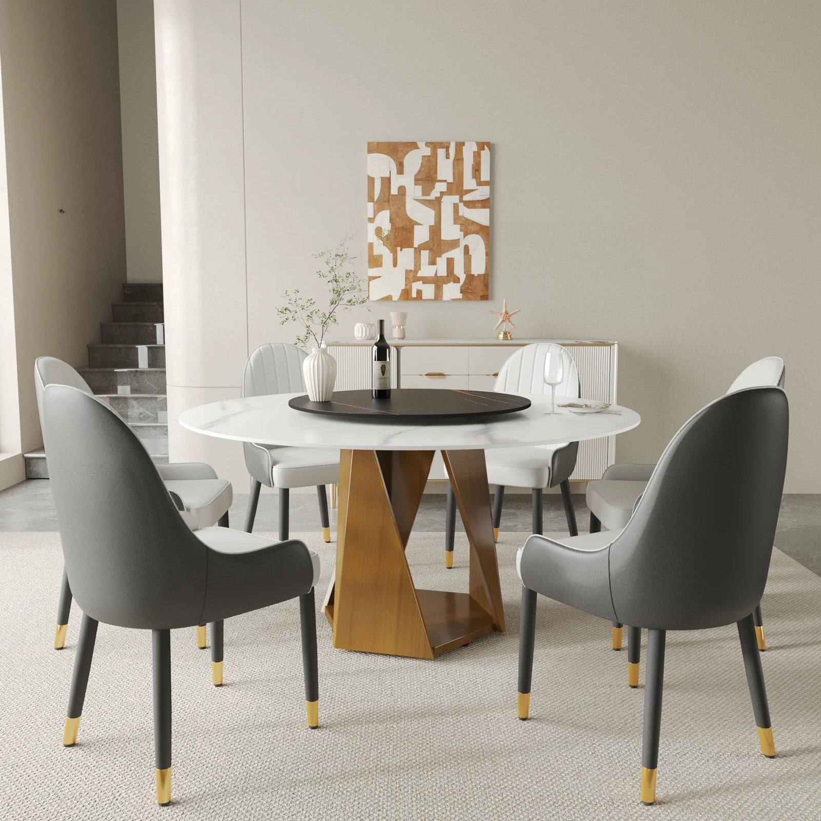 Mesa de comedor Marbella de piedra sinterizada | Redonda de 150 cm (59") en blanco brillante con plato giratorio Lazy Susan