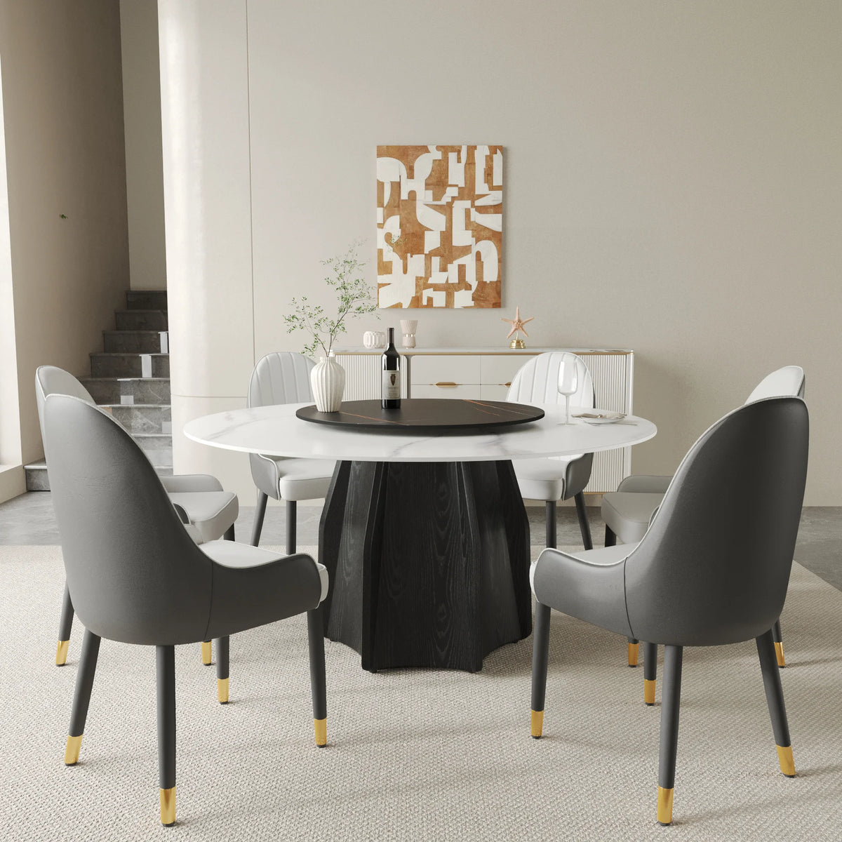 Marbella Sintered Stone Dining Table | 59" White Gloss Round With Lazy Susan Turntable