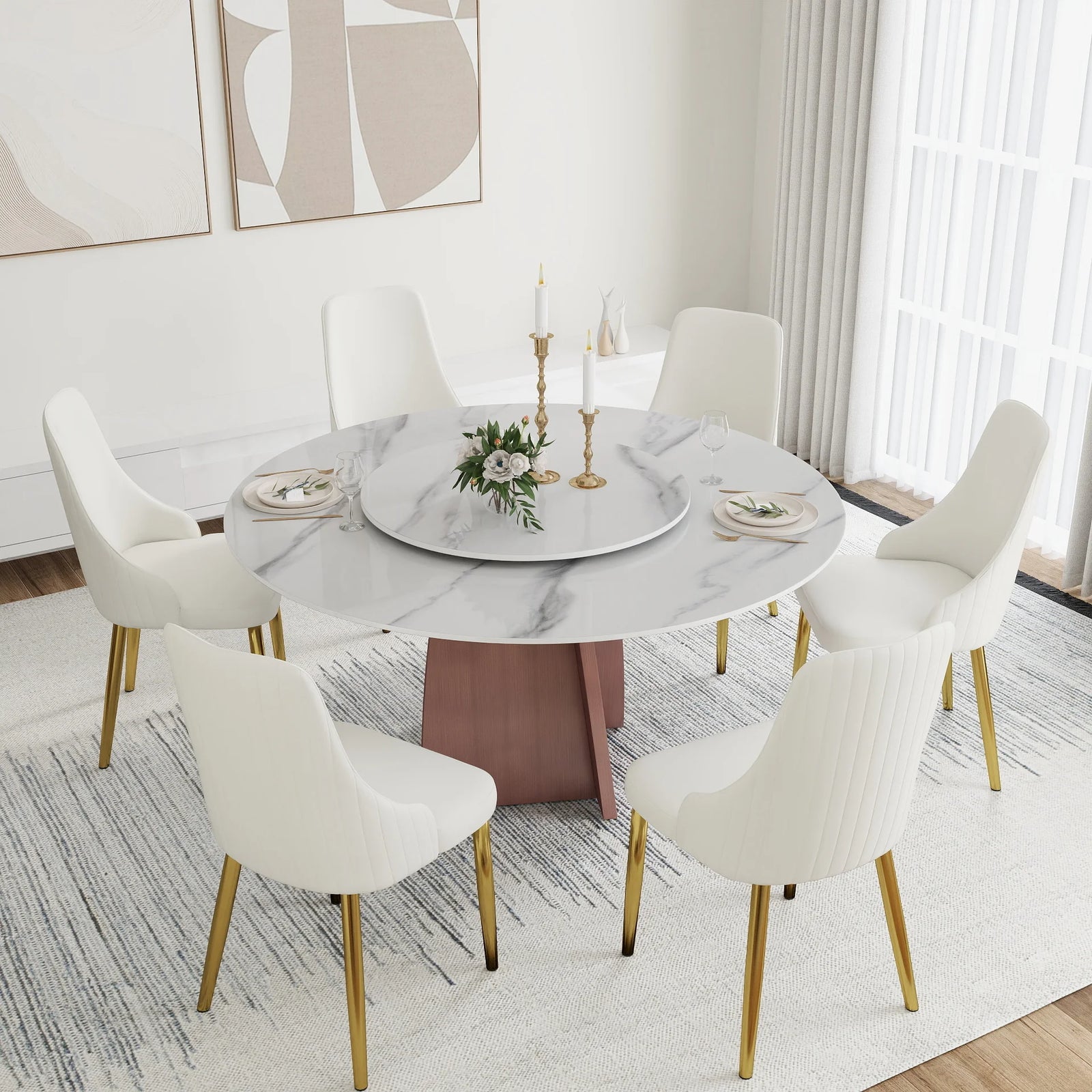 Mesa de comedor Marbella de piedra sinterizada | Redonda de 150 cm (59") en blanco brillante con plato giratorio Lazy Susan