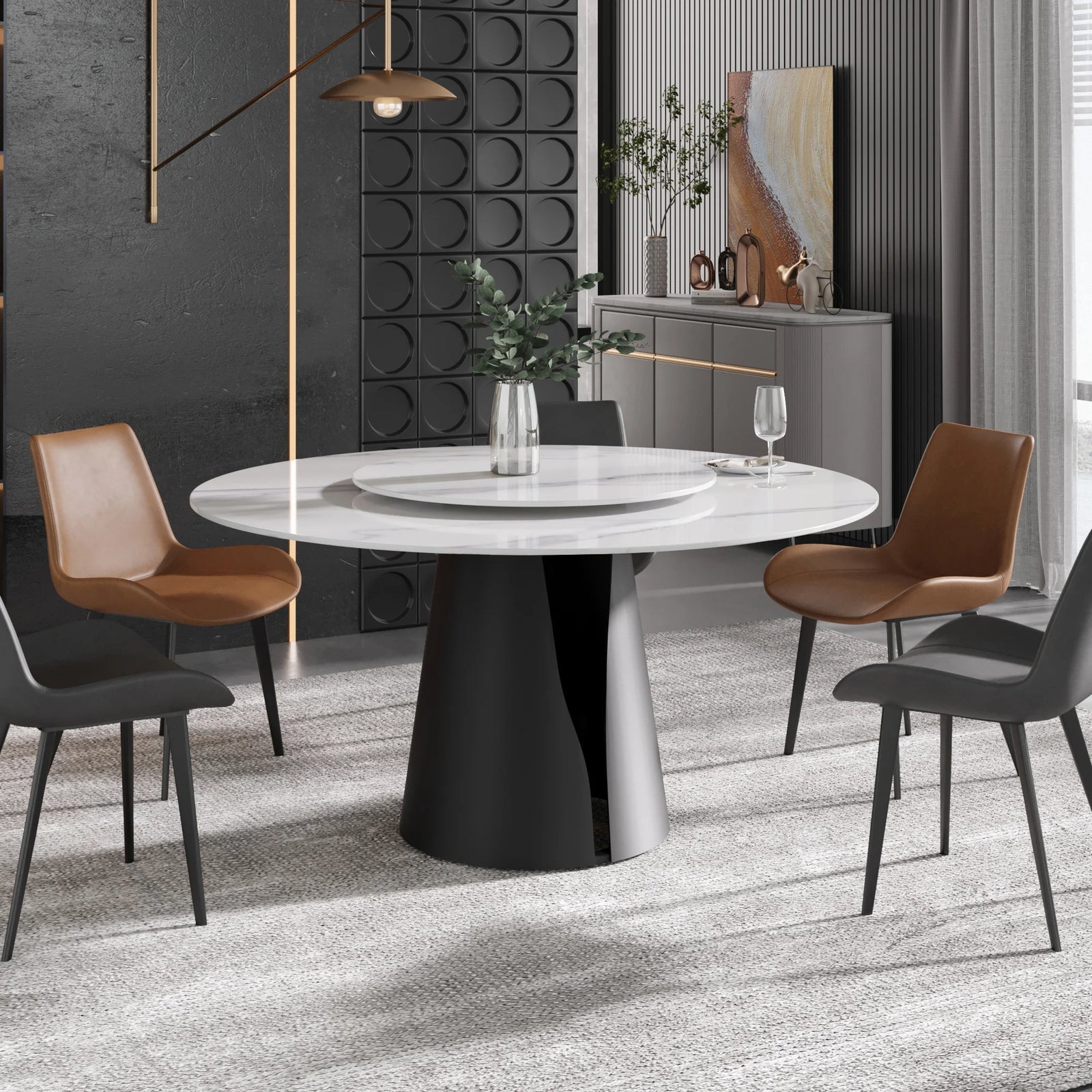 Marbella Sintered Stone Dining Table | 59" White Gloss Round With Lazy Susan Turntable