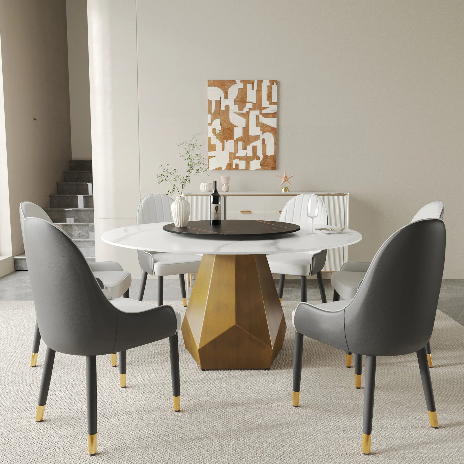 Mesa de comedor Marbella de piedra sinterizada | Redonda de 150 cm (59") en blanco brillante con plato giratorio Lazy Susan