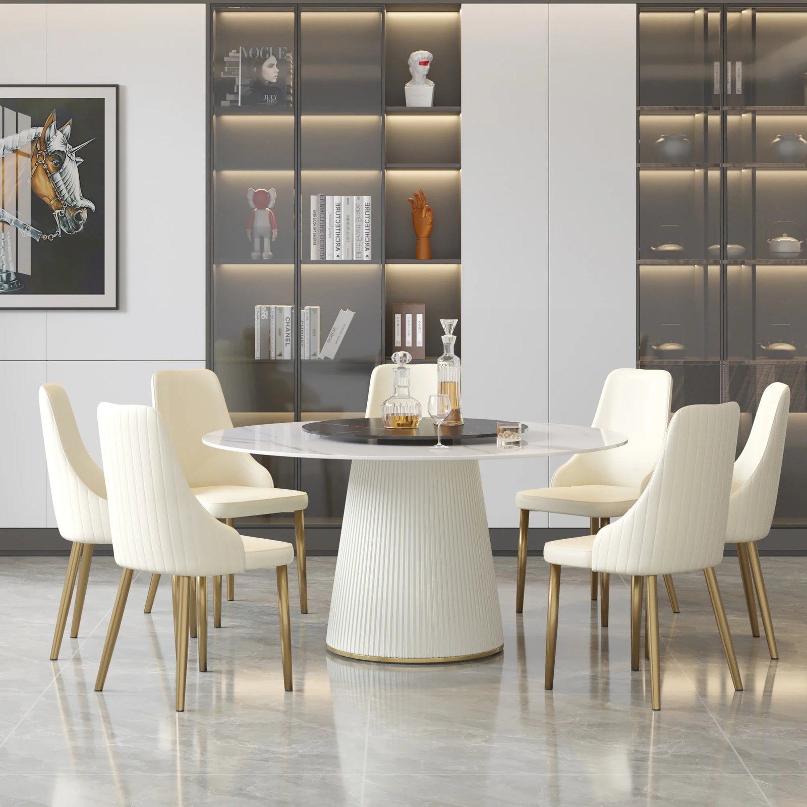 Marbella Sintered Stone Dining Table | 59" White Gloss Round With Lazy Susan Turntable